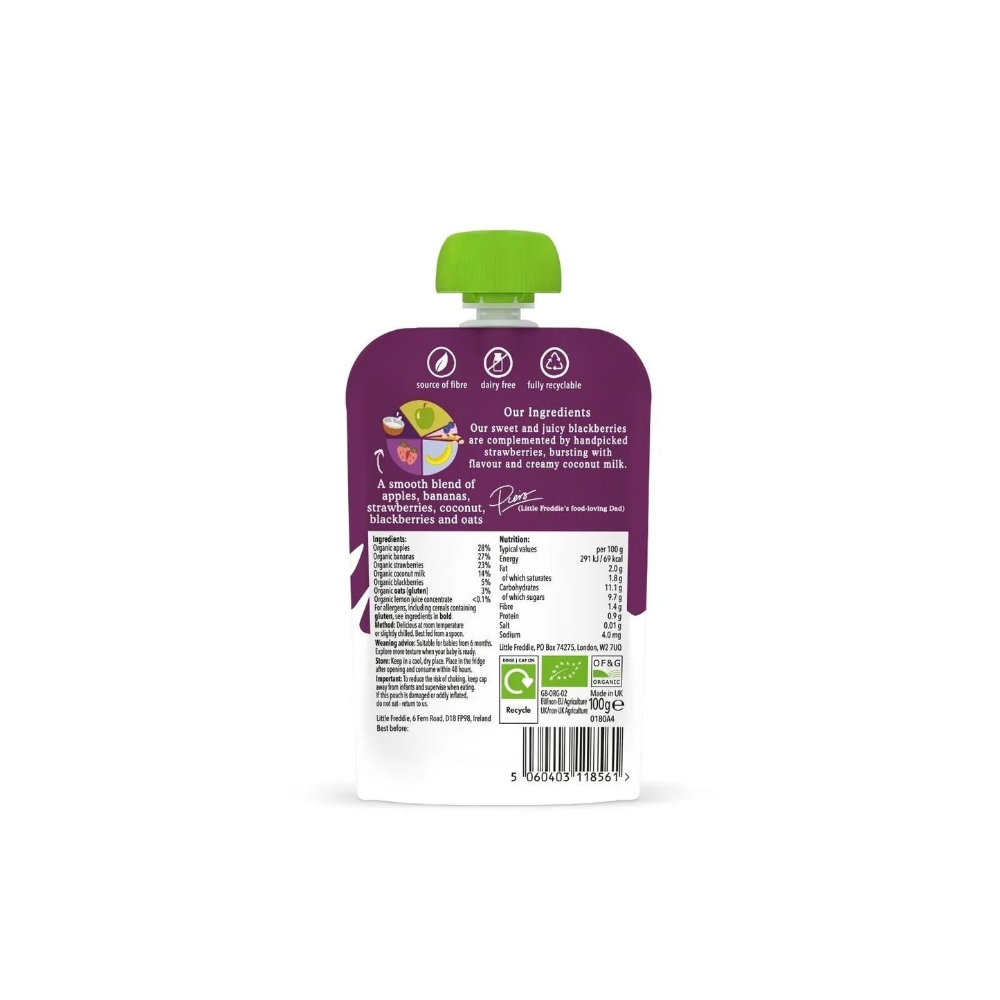 Little Freddie Organic Coconut & Summer Berries Baby Food Pouch 6+ months 100g - mezetto ebebek ebebek