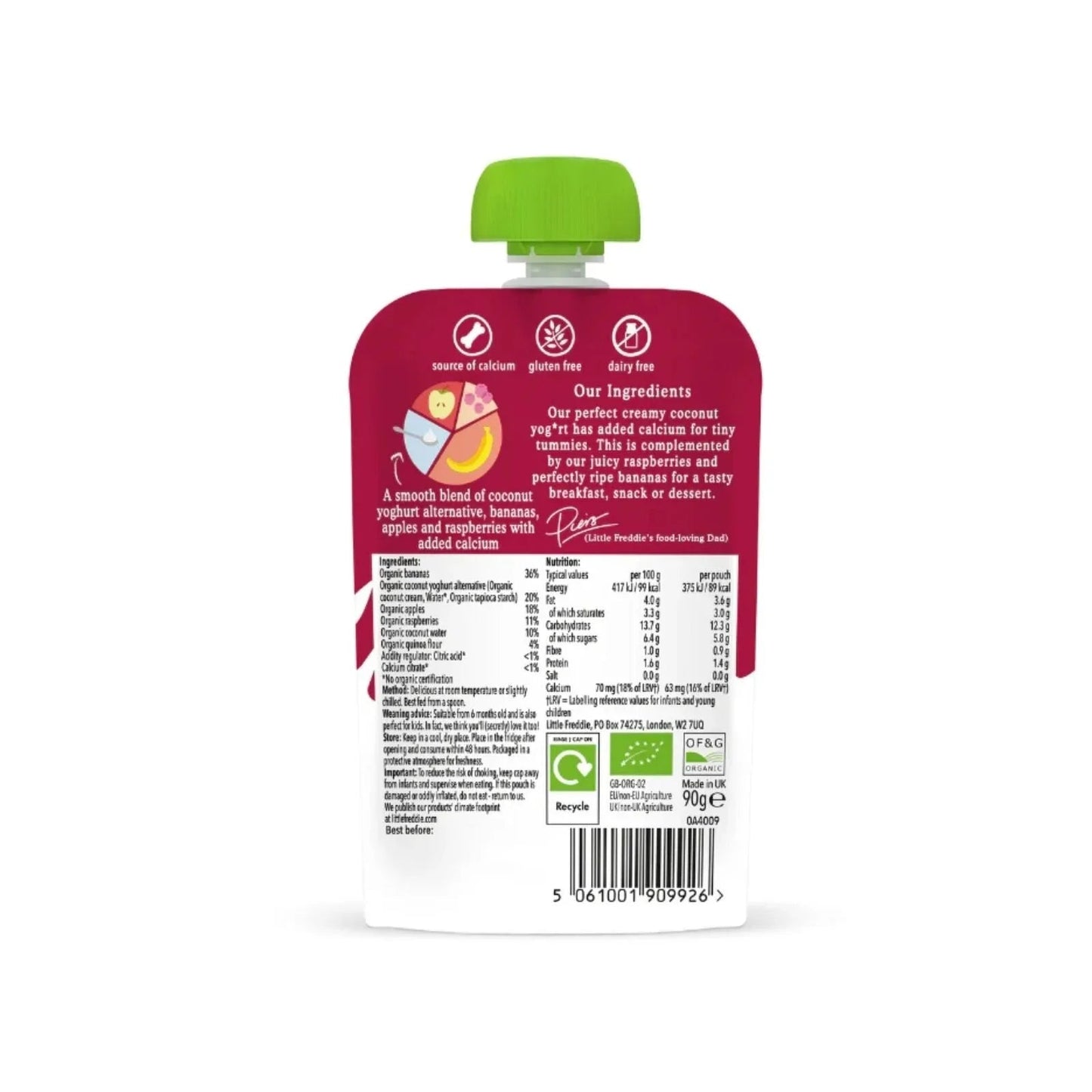 Little Freddie Organic Dairy Free Banana & Raspberry Yoghurt Baby Food Pouch 6+ months 90g - mezetto ebebek ebebek