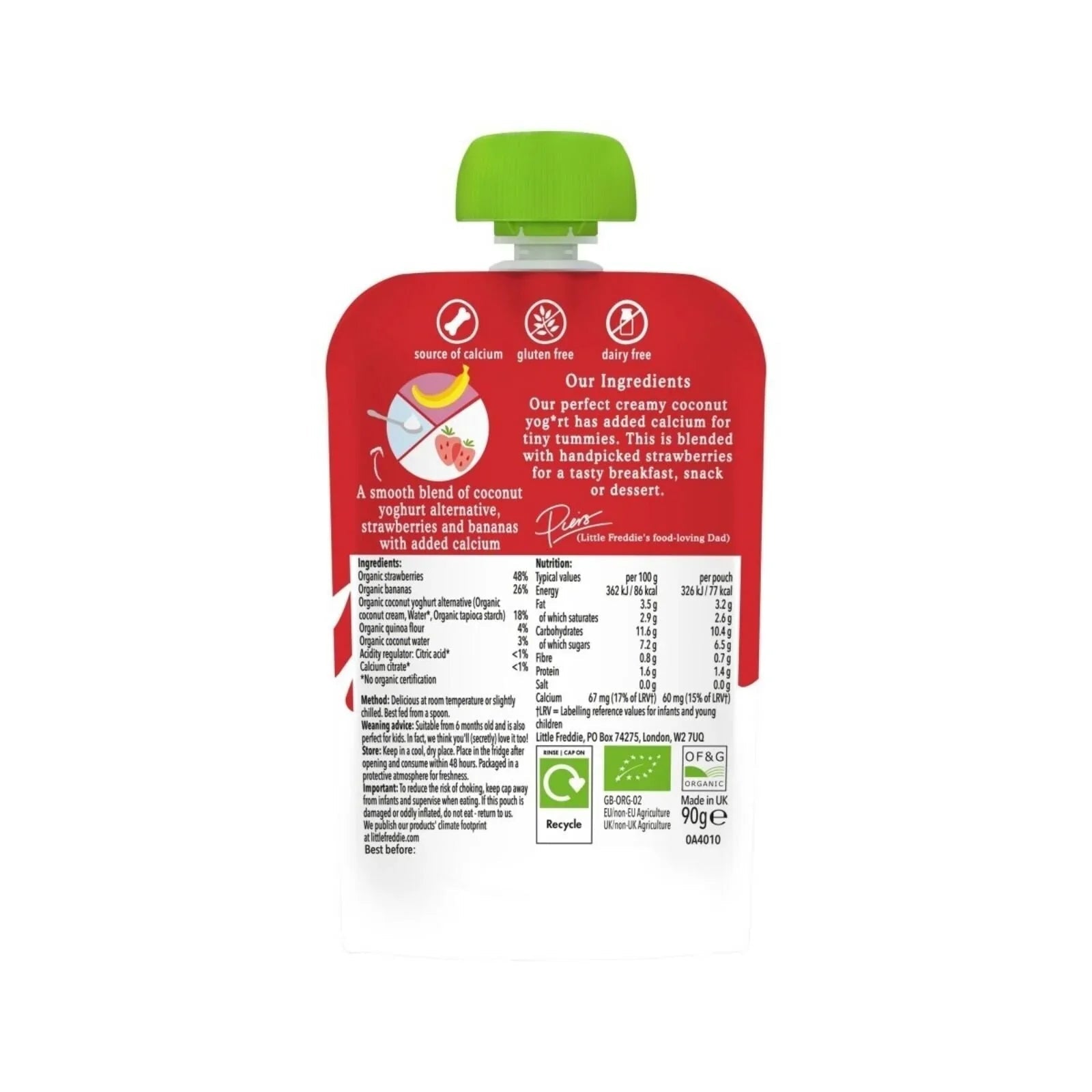 Little Freddie Organic Dairy Free Strawberry Yoghurt Baby Food Pouch 6+ months 90g - mezetto ebebek ebebek