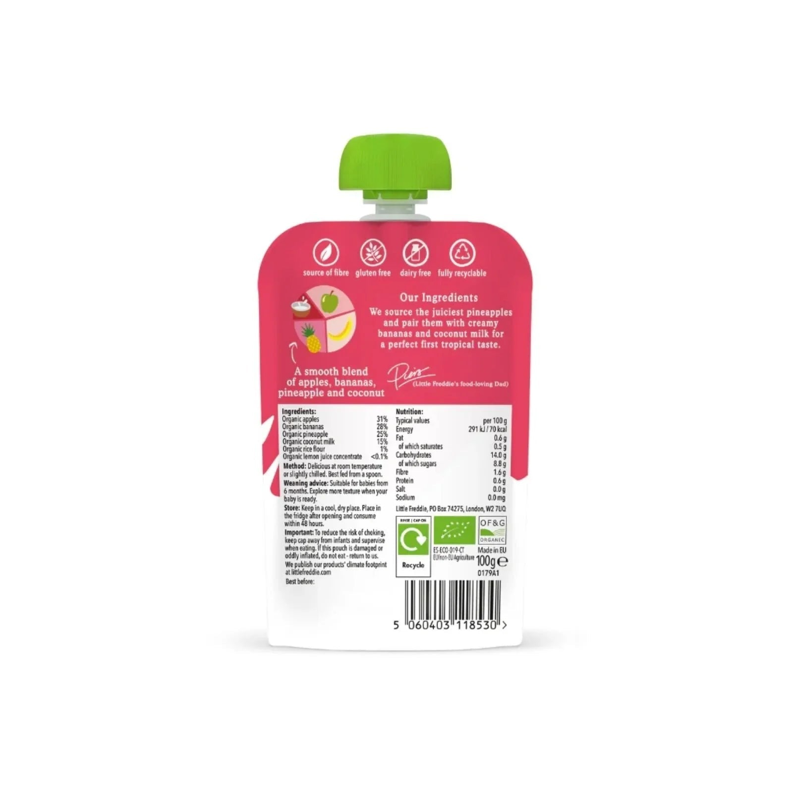 Little Freddie Organic Good for Brains Coconut & Tropical Fruits Baby Food Pouch with Omega 3 6+ months 100g - mezetto ebebek ebebek