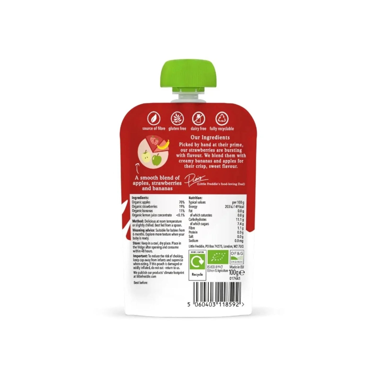 Little Freddie Organic Good for Brains Strawberries Bananas & Apples Baby Food Pouch with Omega 3 6+ months 100g - mezetto ebebek ebebek