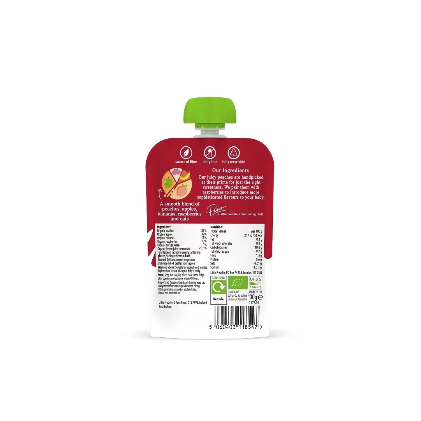 Little Freddie Organic Peaches & Raspberries Baby Food Pouch 6+ months 100g - mezetto ebebek ebebek