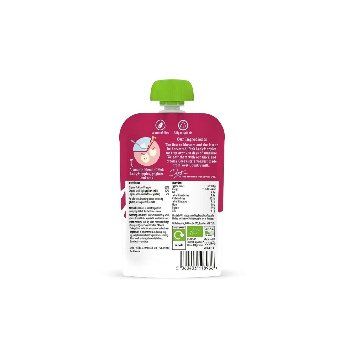 Little Freddie Organic Pink Lady Apple Greek Style Yoghurt Baby Food Pouch 6+ months 100g - mezetto ebebek ebebek