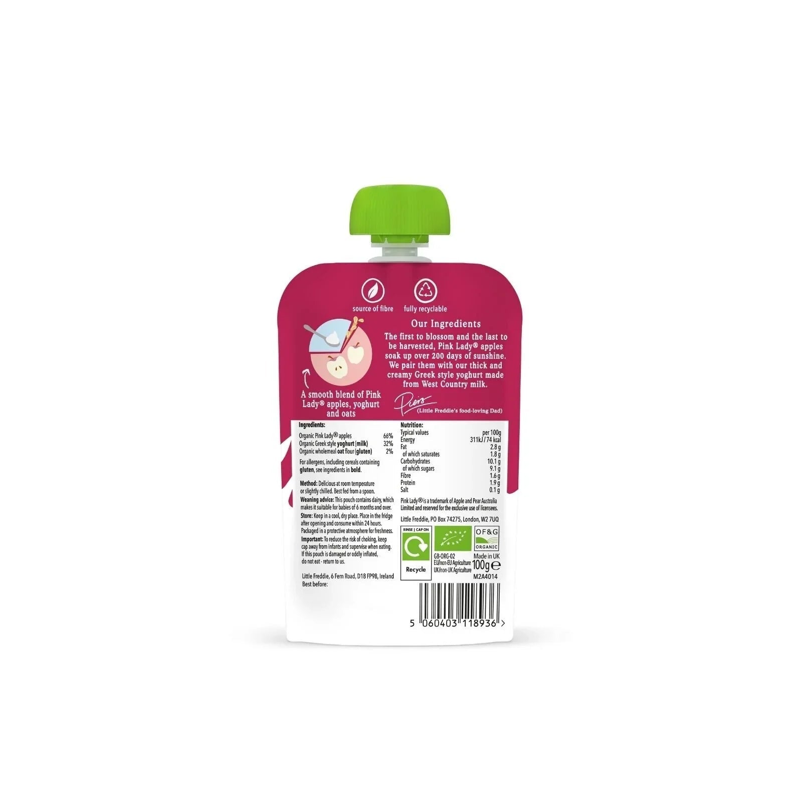 Little Freddie Organic Pink Lady Apple Greek Style Yoghurt Baby Food Pouch 6+ months 100g - mezetto ebebek ebebek