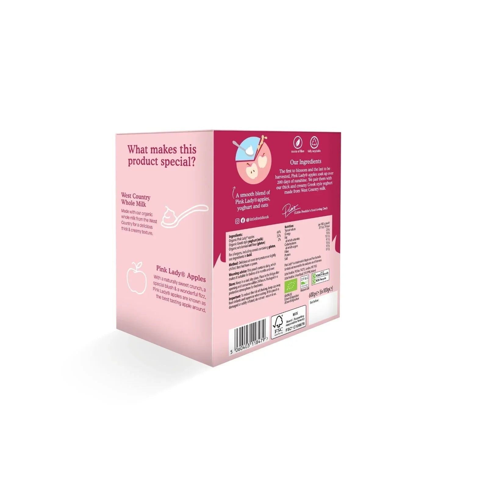 Little Freddie Organic Pink Lady Greek Style Yoghurt Baby Food Pouch Multipack 6+ months 600g (6x100g) - mezetto ebebek ebebek