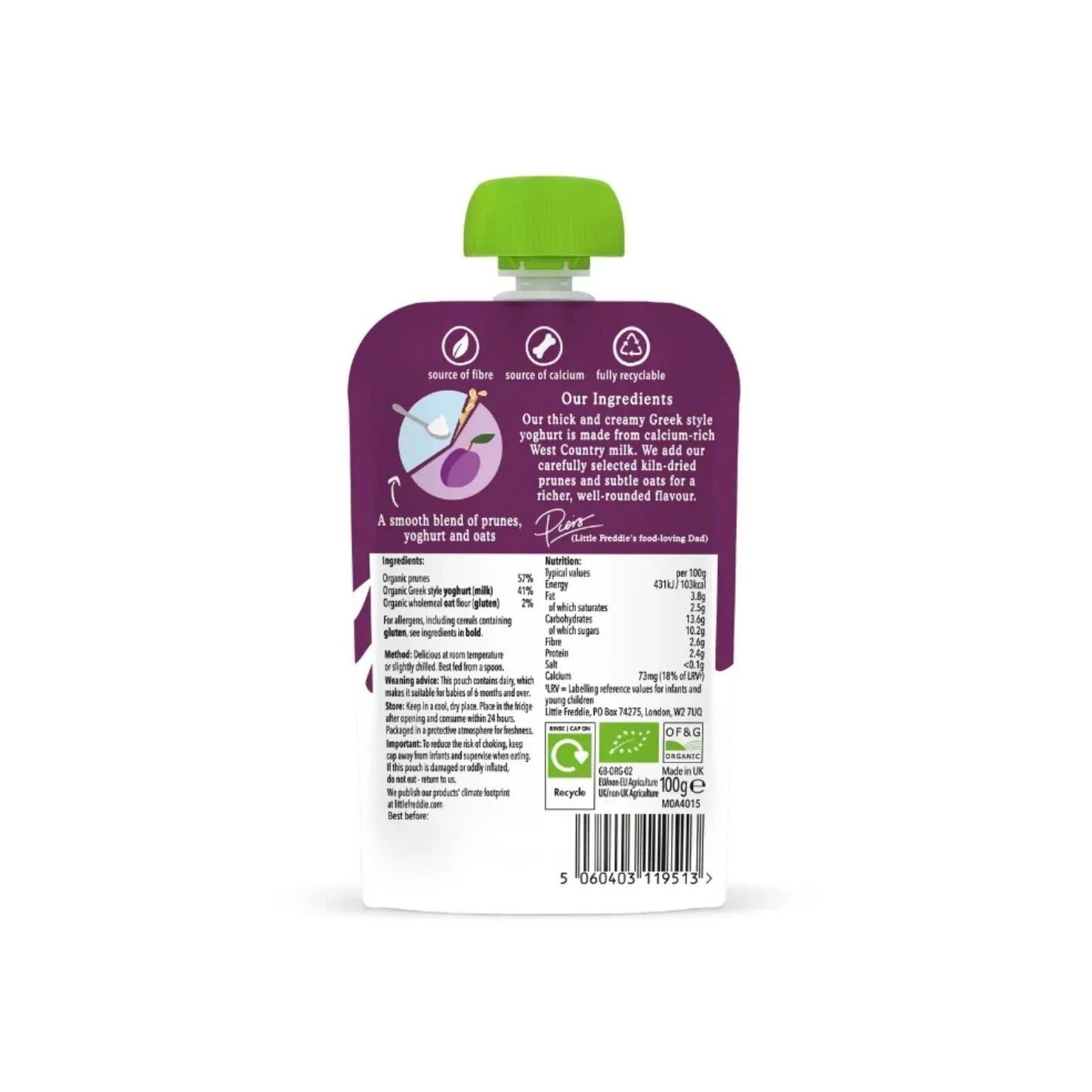 Little Freddie Organic Prune Greek Style Yoghurt with Oats Baby Food Pouch 6+ months 100g - mezetto ebebek ebebek