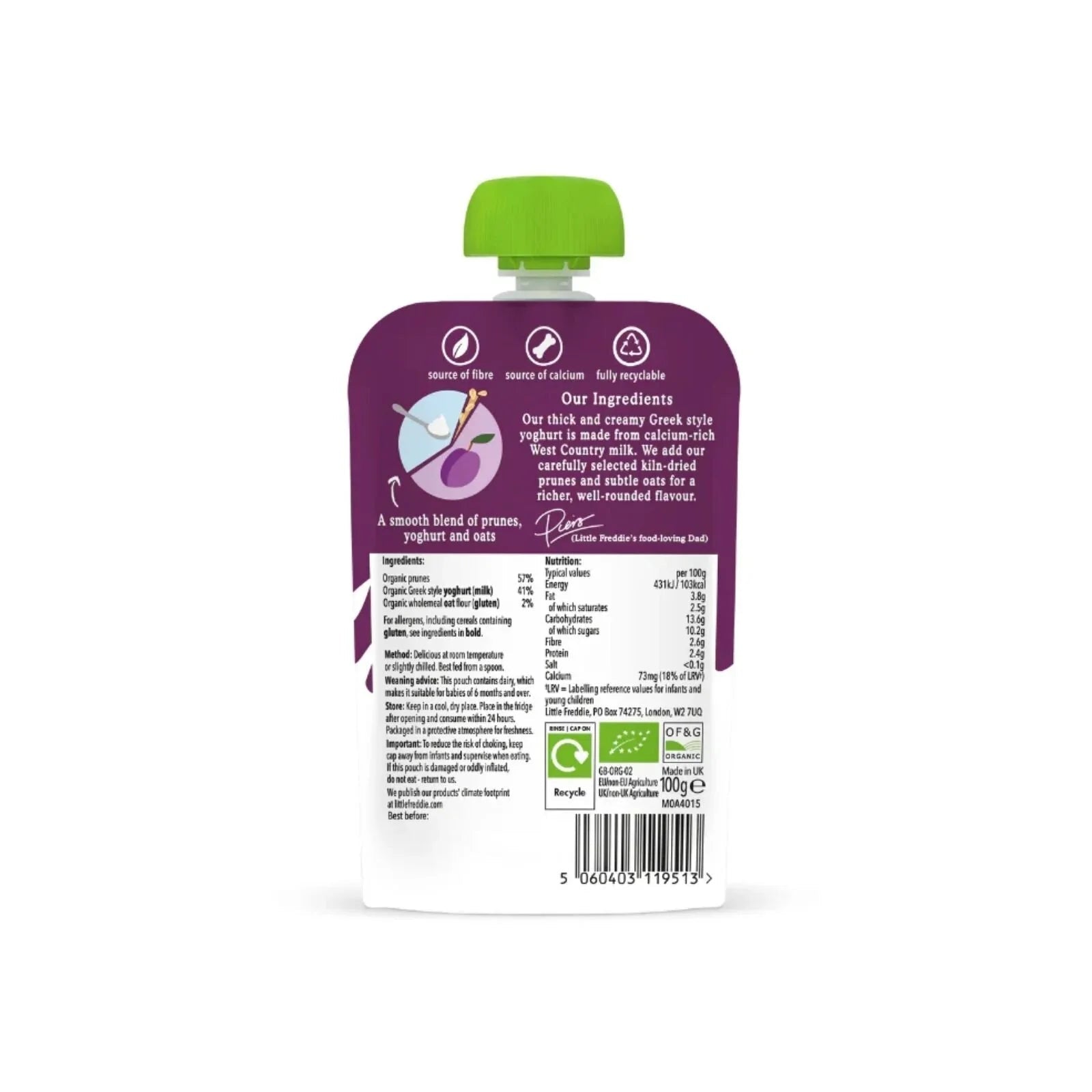 Little Freddie Organic Prune Greek Style Yoghurt with Oats Baby Food Pouch 6+ months 100g - mezetto ebebek ebebek