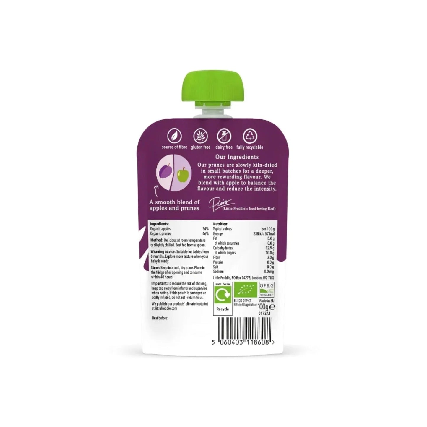 Little Freddie Organic Prunes & Apples Baby Food Pouch 6+ months 100g - mezetto ebebek ebebek