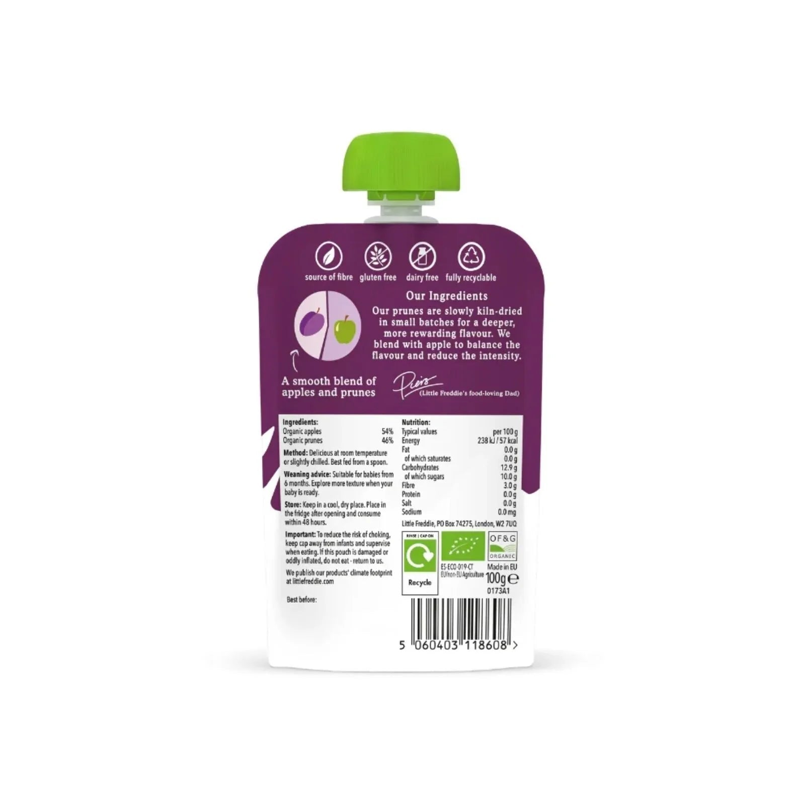 Little Freddie Organic Prunes & Apples Baby Food Pouch 6+ months 100g - mezetto ebebek ebebek