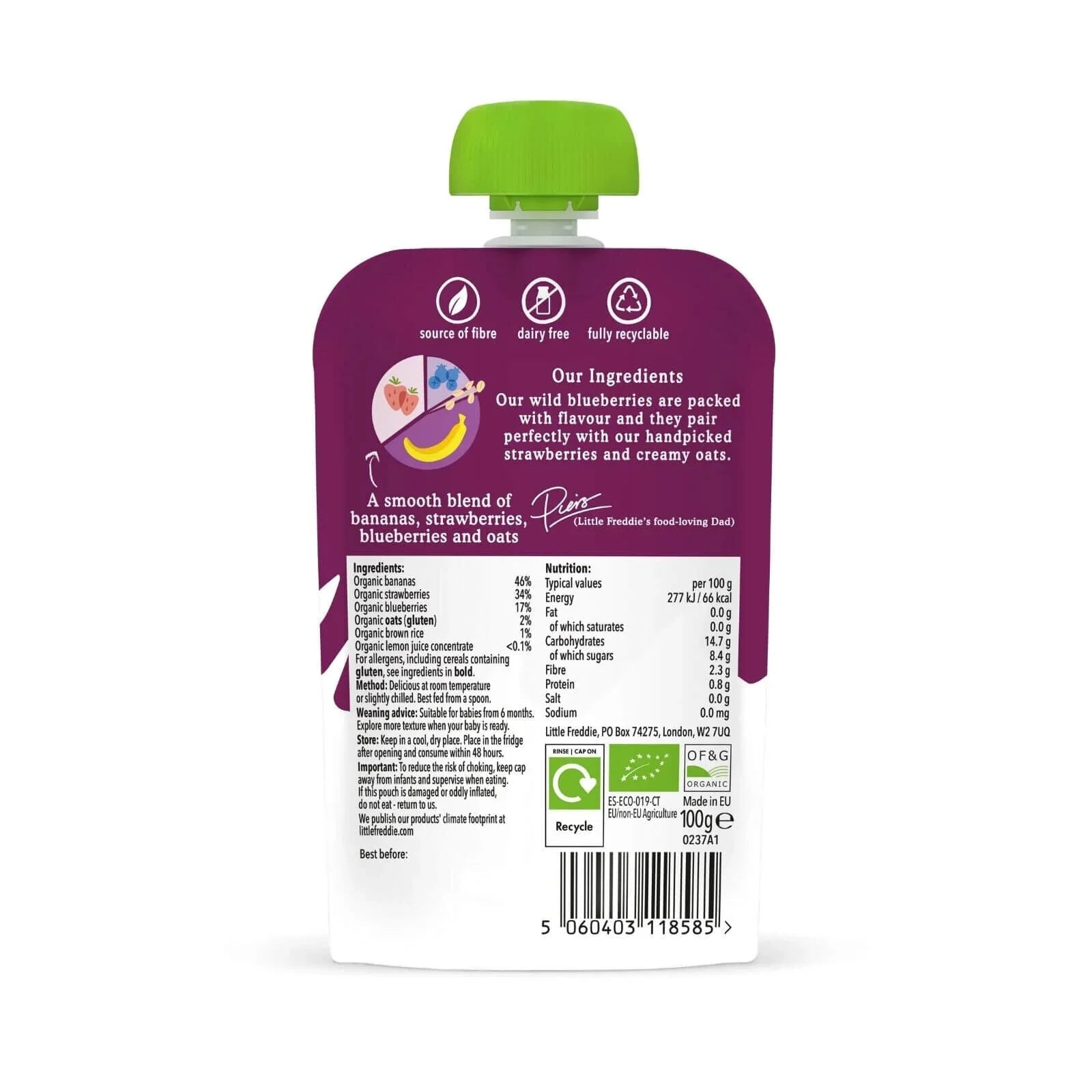 Little Freddie Organic Strawberries Blueberries & Oats Baby Food Pouch 6+ months 100g - mezetto ebebek ebebek