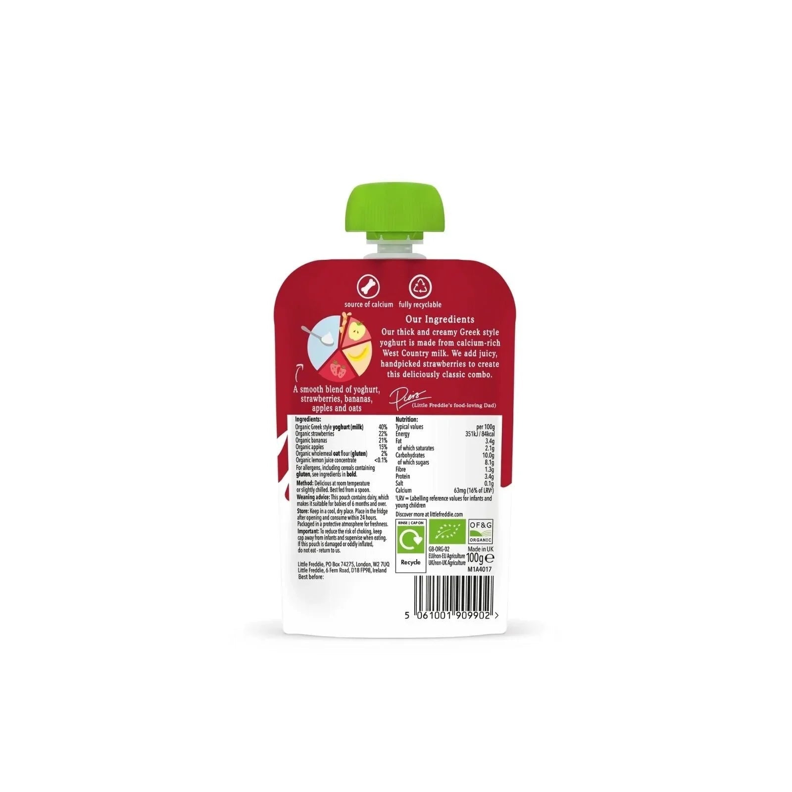 Little Freddie Organic Strawberry & Banana Greek Style Yoghurt Baby Food Pouch 6+ months 90g - mezetto ebebek ebebek