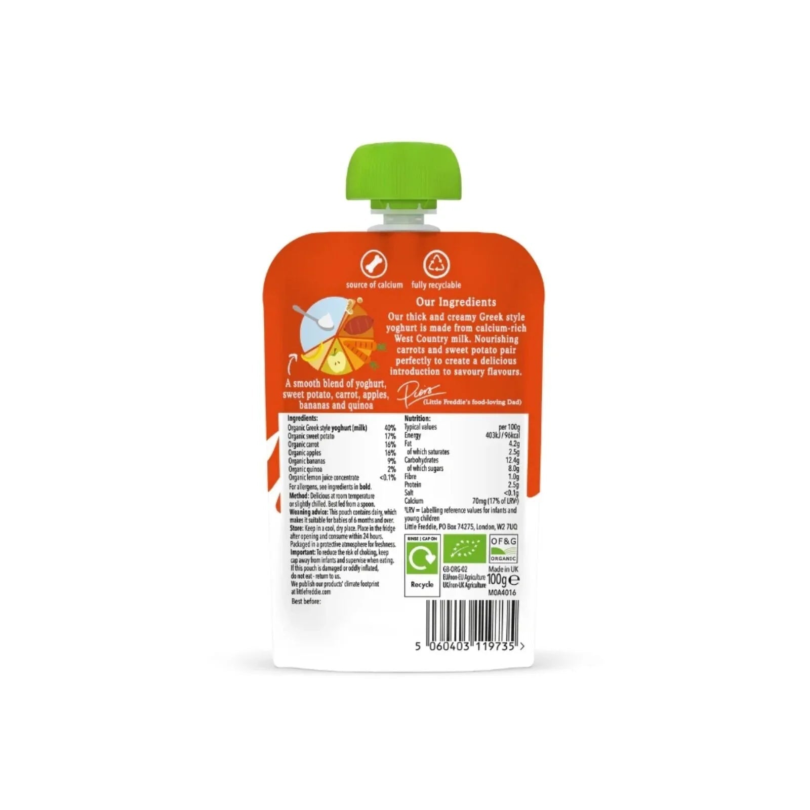 Little Freddie Organic Sweet Potato & Carrot Yoghurt Baby Food Pouch 6+ months 100g - mezetto ebebek ebebek