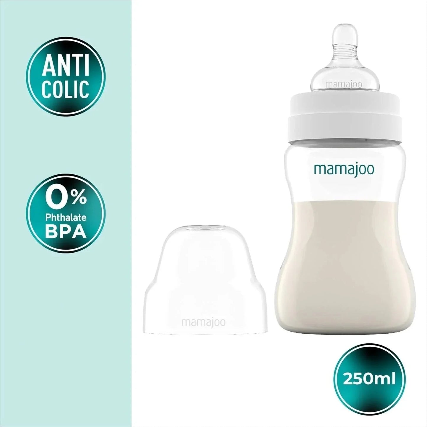 Mamajoo Anti - Colic PP Baby Bottle Medium Flow 6+ months 250ml - Silver - mezetto ebebek ebebek