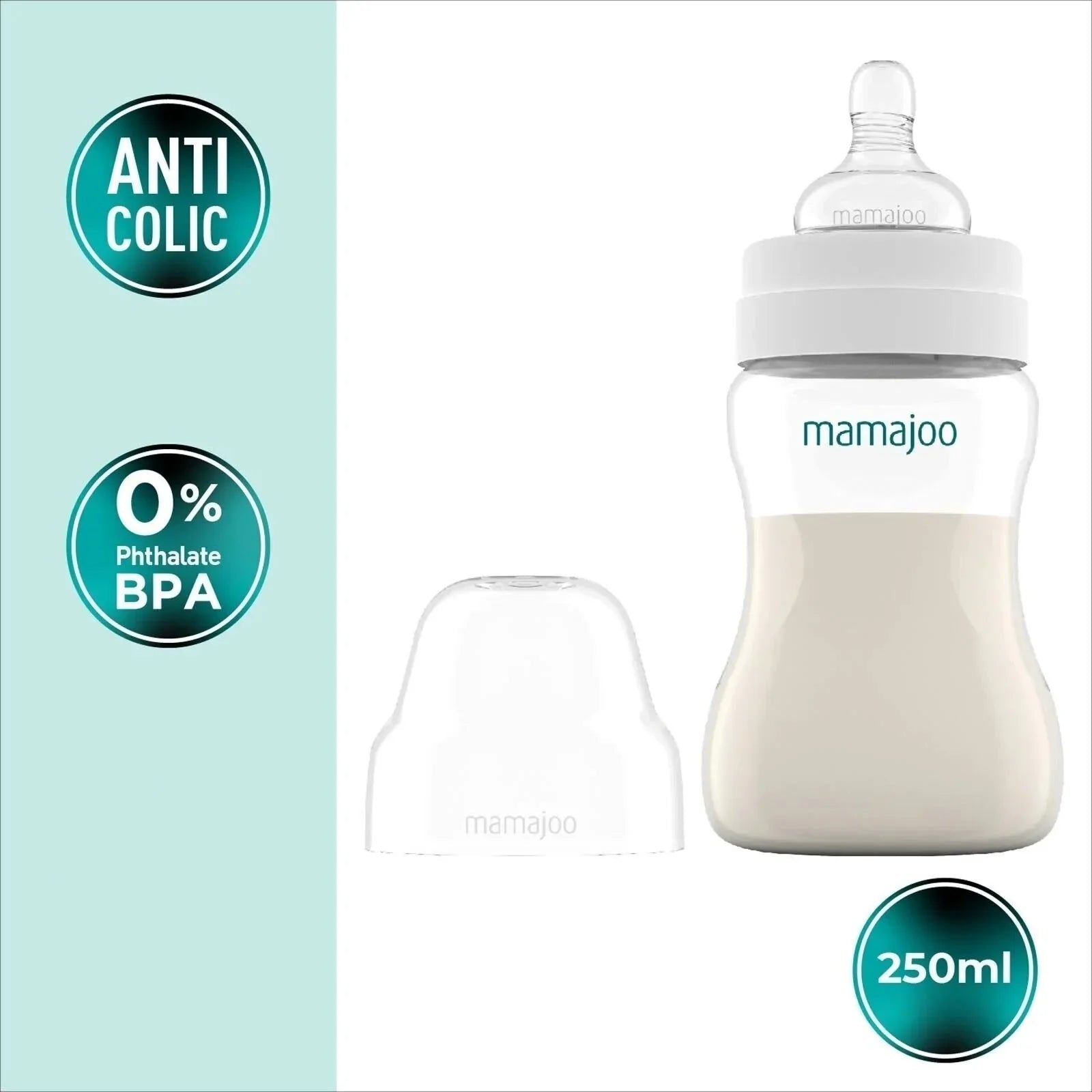 Mamajoo Anti - Colic PP Baby Bottle Medium Flow 6+ months 250ml - Silver - mezetto ebebek ebebek