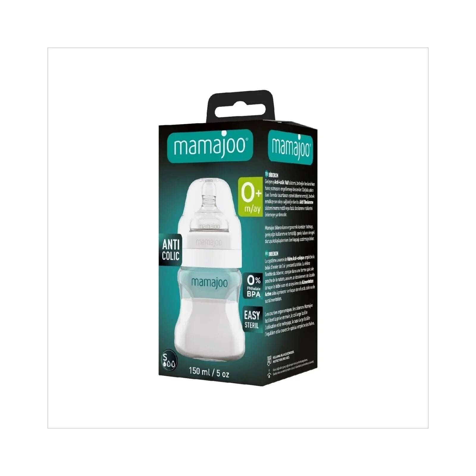 Mamajoo Anti - Colic PP Baby Bottle Slow Flow 0+ months 150ml - Silver - mezetto ebebek ebebek