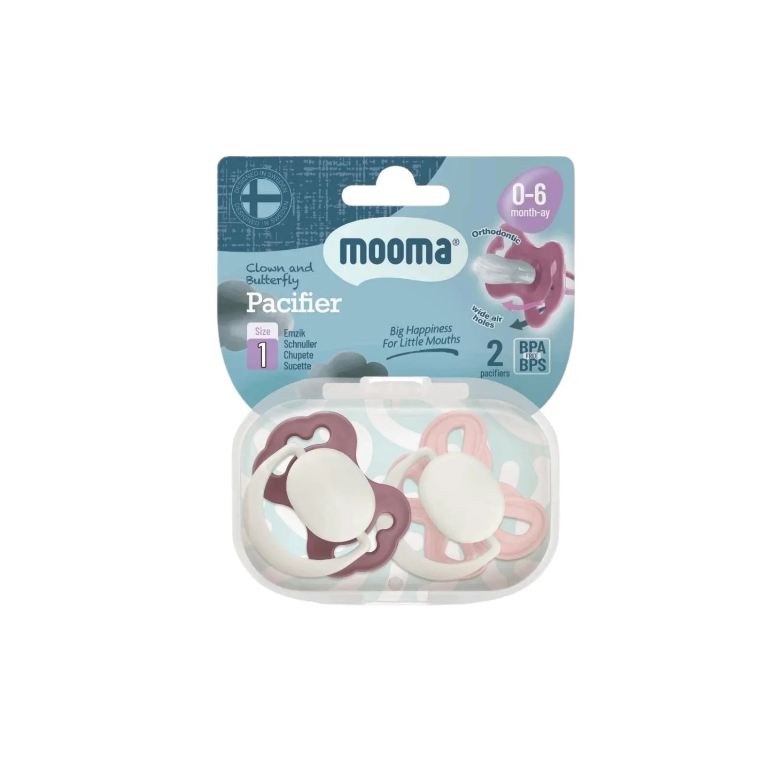 Mooma Clown & Butterfly Soothers 0 - 6 months Pack of 2 - Brownish Purple & Baby Pink - mezetto ebebek ebebek