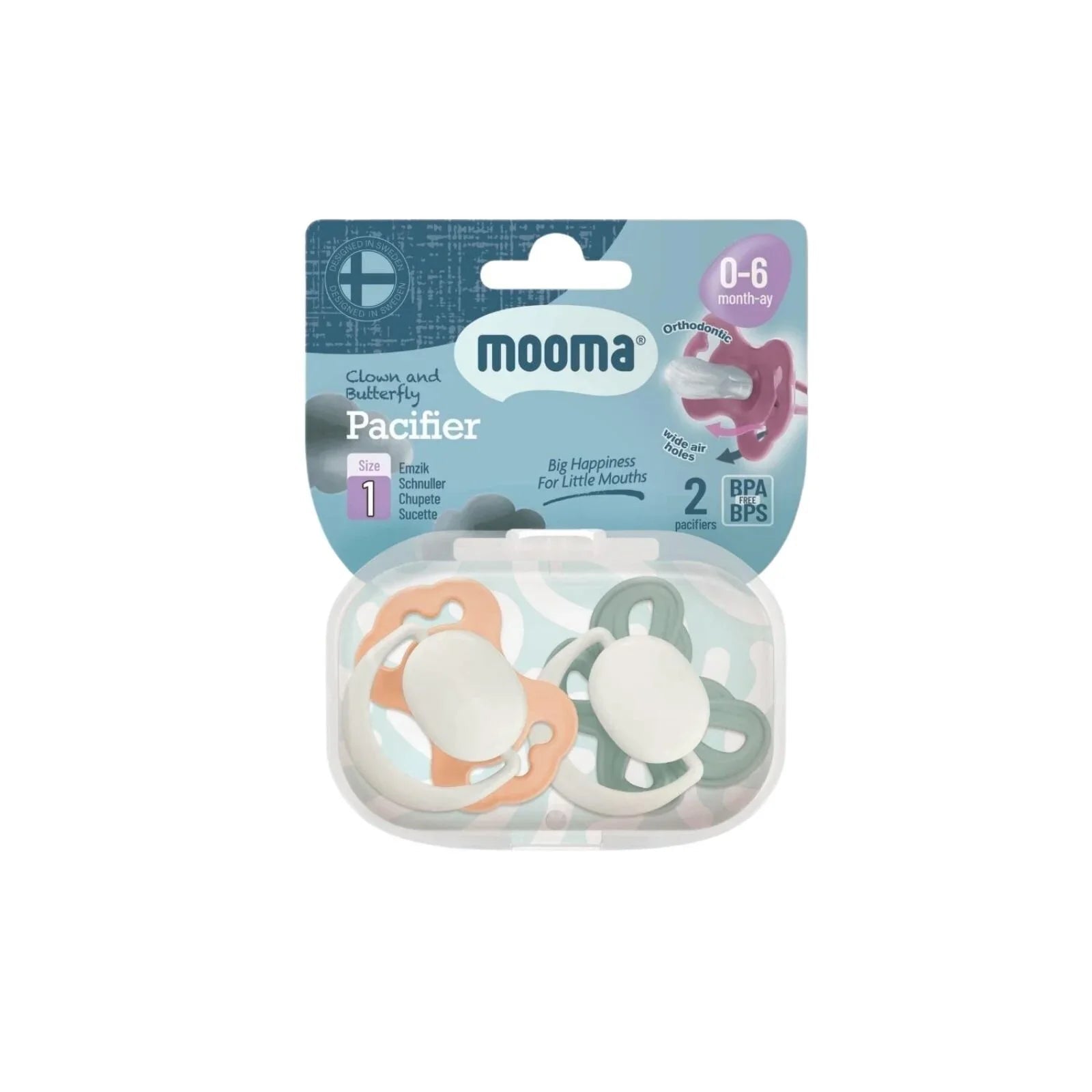 Mooma Clown & Butterfly Soothers 0 - 6 months Pack of 2 - Light Orange & River Green - mezetto ebebek ebebek