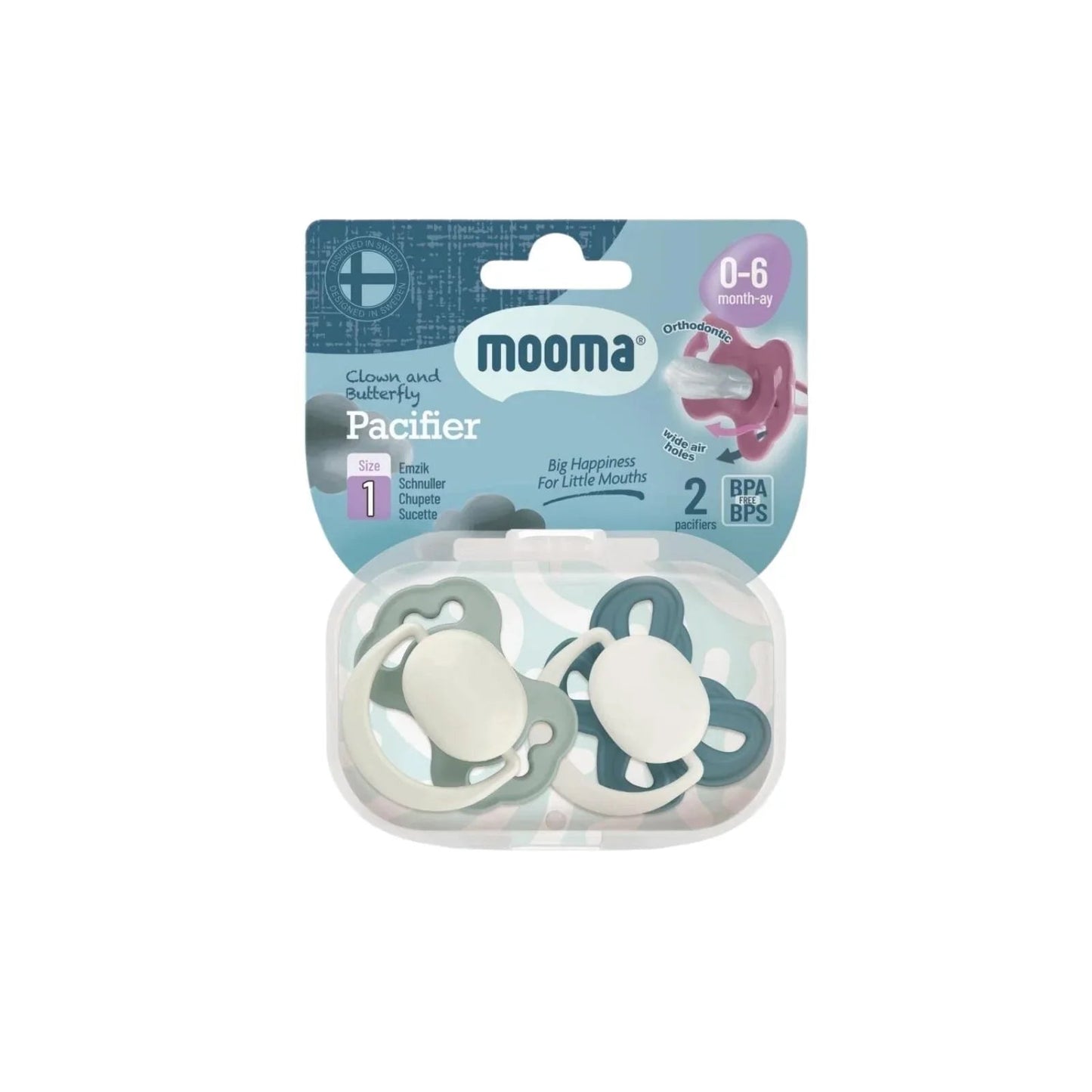Mooma Clown & Butterfly Soothers 0 - 6 months Pack of 2 - River Green & Ball Blue - mezetto ebebek ebebek