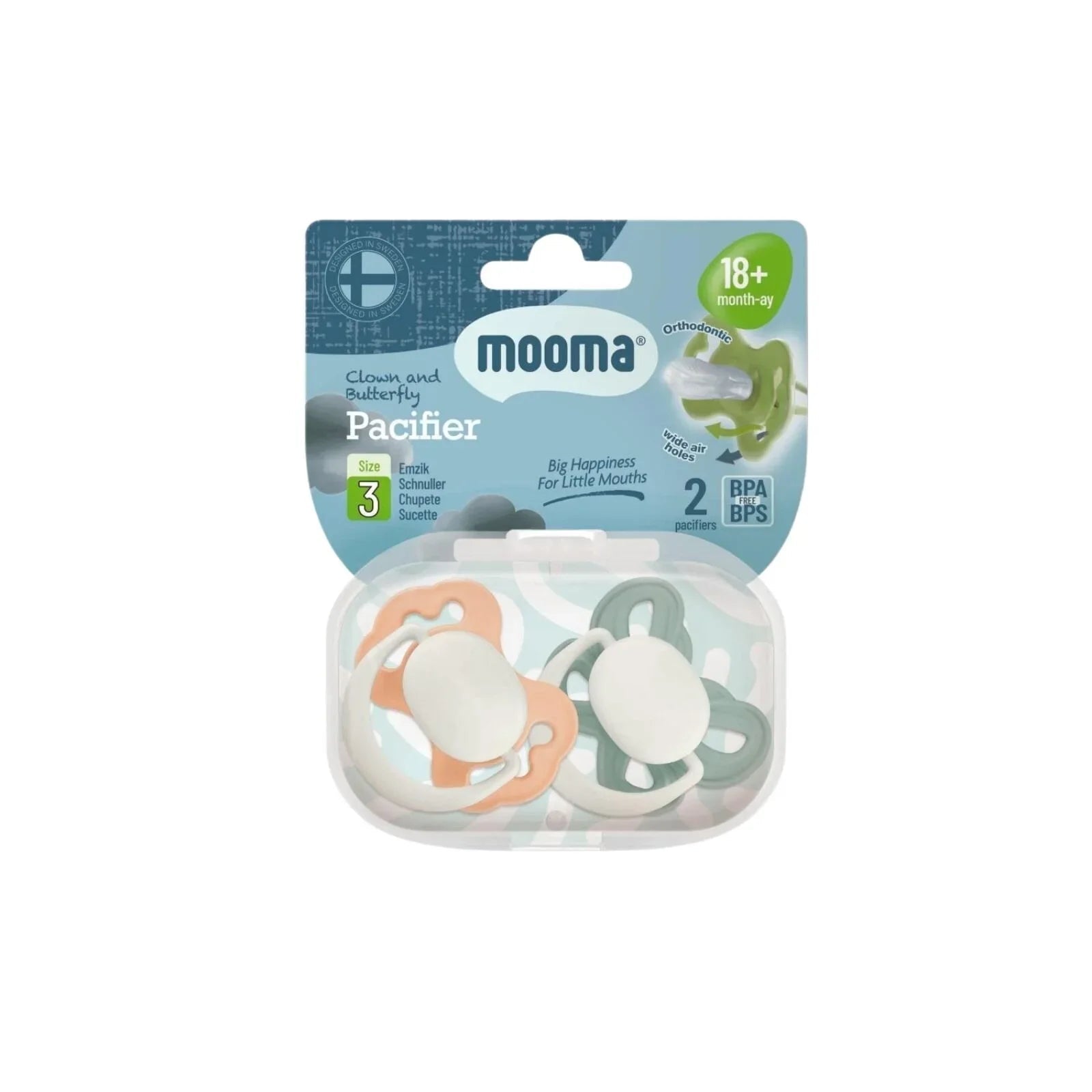 Mooma Clown & Butterfly Soothers 18+ months Pack of 2 - Light Orange & River Green - mezetto ebebek ebebek