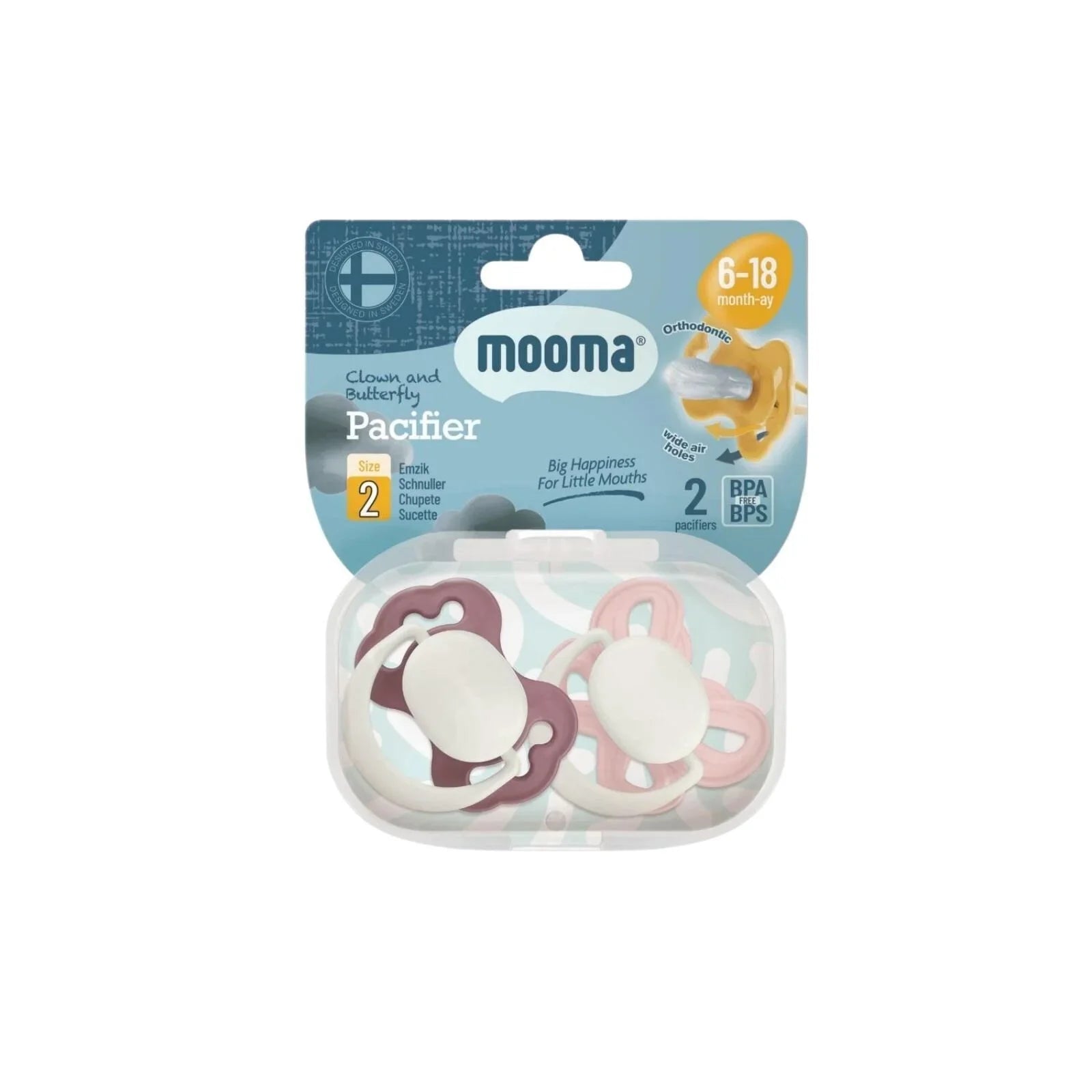 Mooma Clown & Butterfly Soothers 6 - 18 months Pack of 2 - Brownish Purple & Baby Pink - mezetto ebebek ebebek
