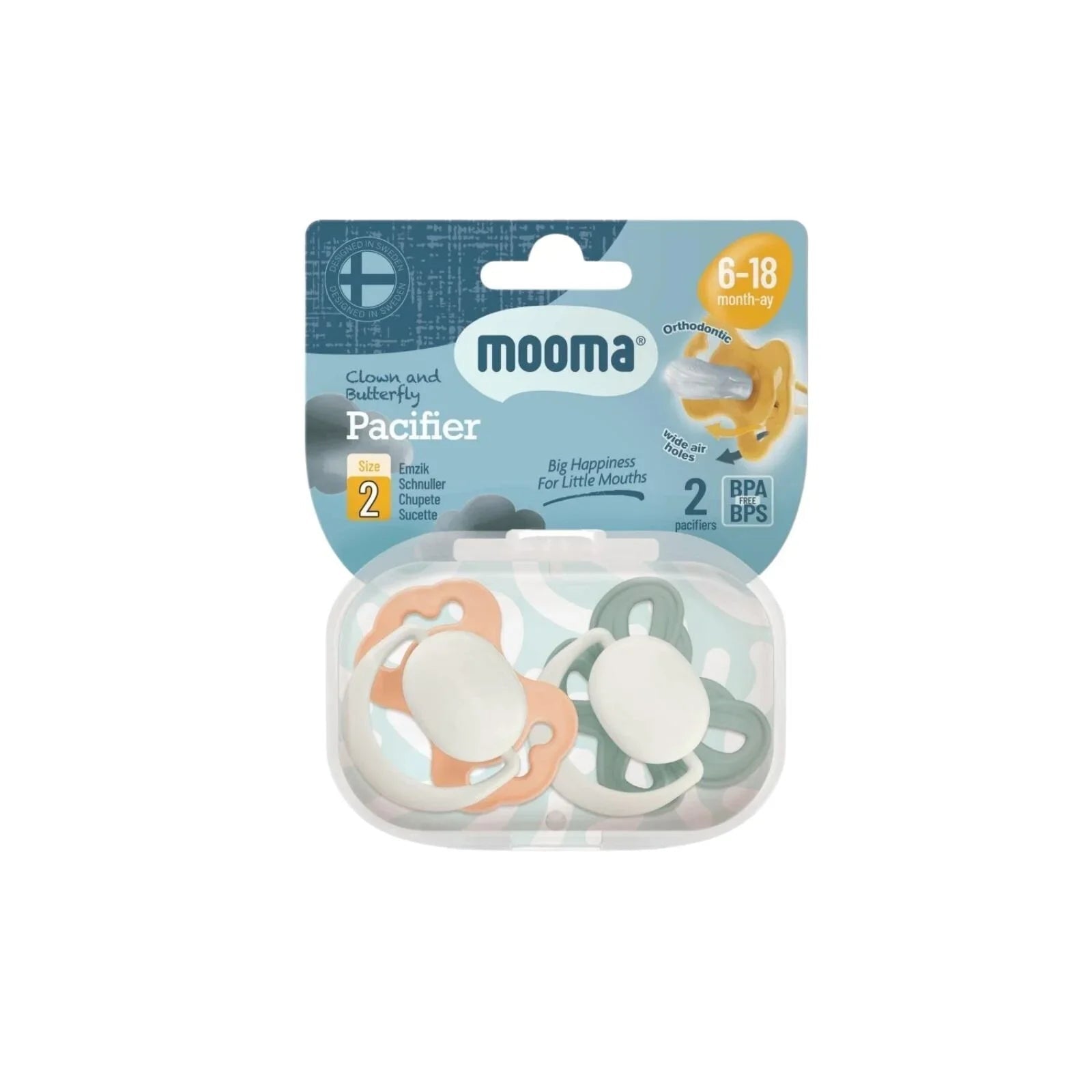 Mooma Clown & Butterfly Soothers 6 - 18 months Pack of 2 - Light Orange & River Green - mezetto ebebek ebebek