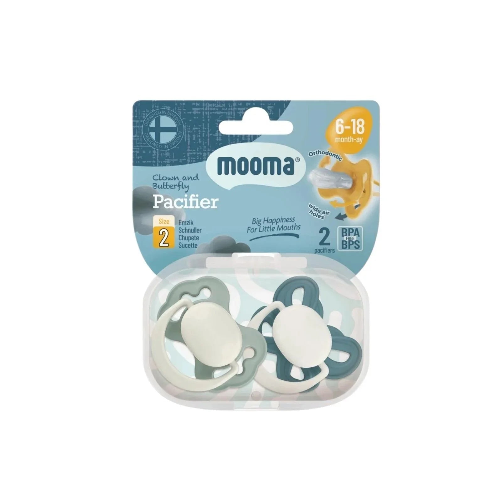 Mooma Clown & Butterfly Soothers 6 - 18 months Pack of 2 - River Green & Ball Blue - mezetto ebebek ebebek