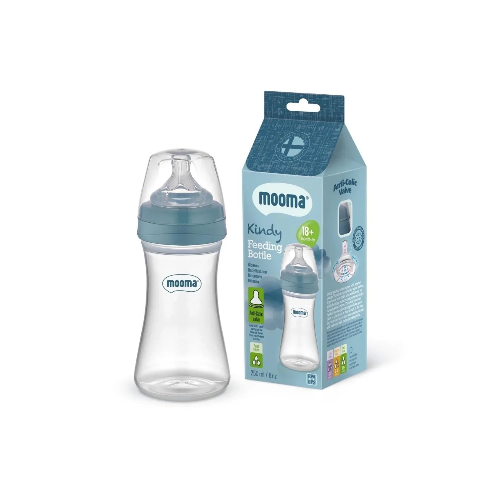 Mooma Kindy Bottle Fast Flow 18+ months 250ml - Ball Blue - mezetto ebebek ebebek