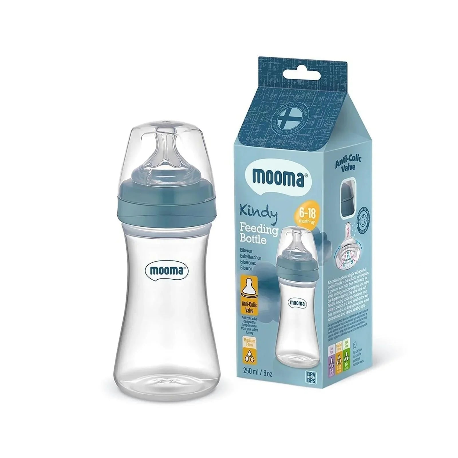 Mooma Kindy Bottle Medium Flow 6 - 18 months 250ml - Ball Blue - mezetto ebebek ebebek