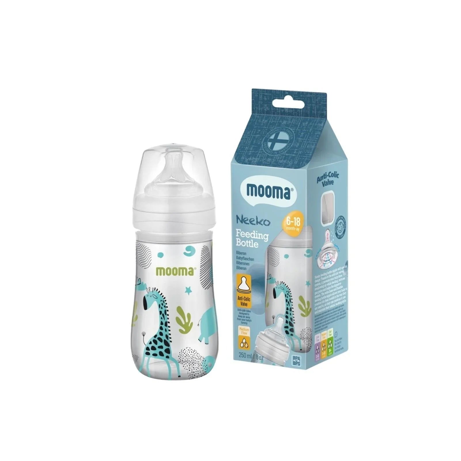Mooma Neeko Bottle Medium Flow 6 - 18 months 250ml - Animals - mezetto ebebek ebebek