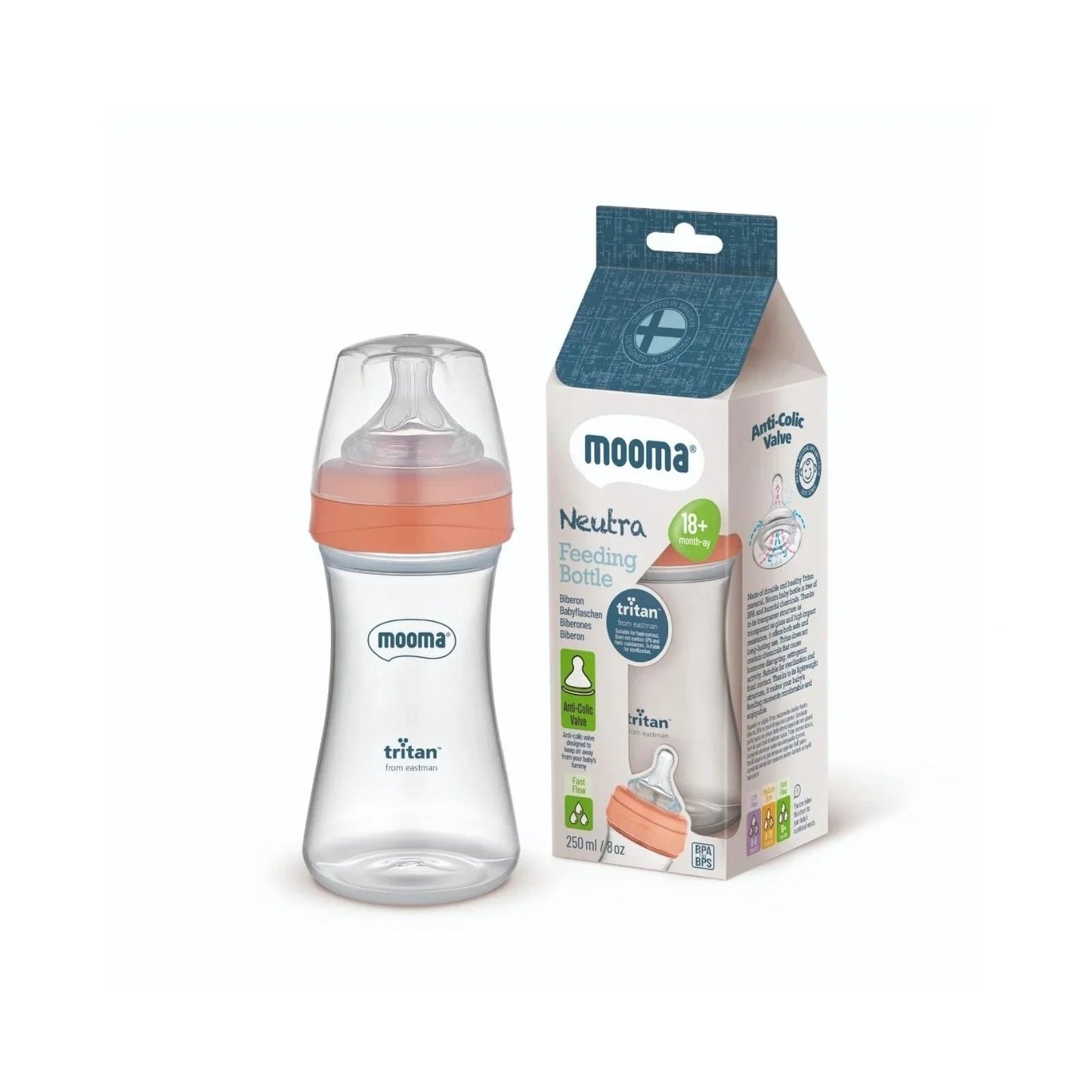 Mooma Neutra Tritan Bottle Fast Flow 18+ months 250ml - Coral Pink - mezetto ebebek ebebek