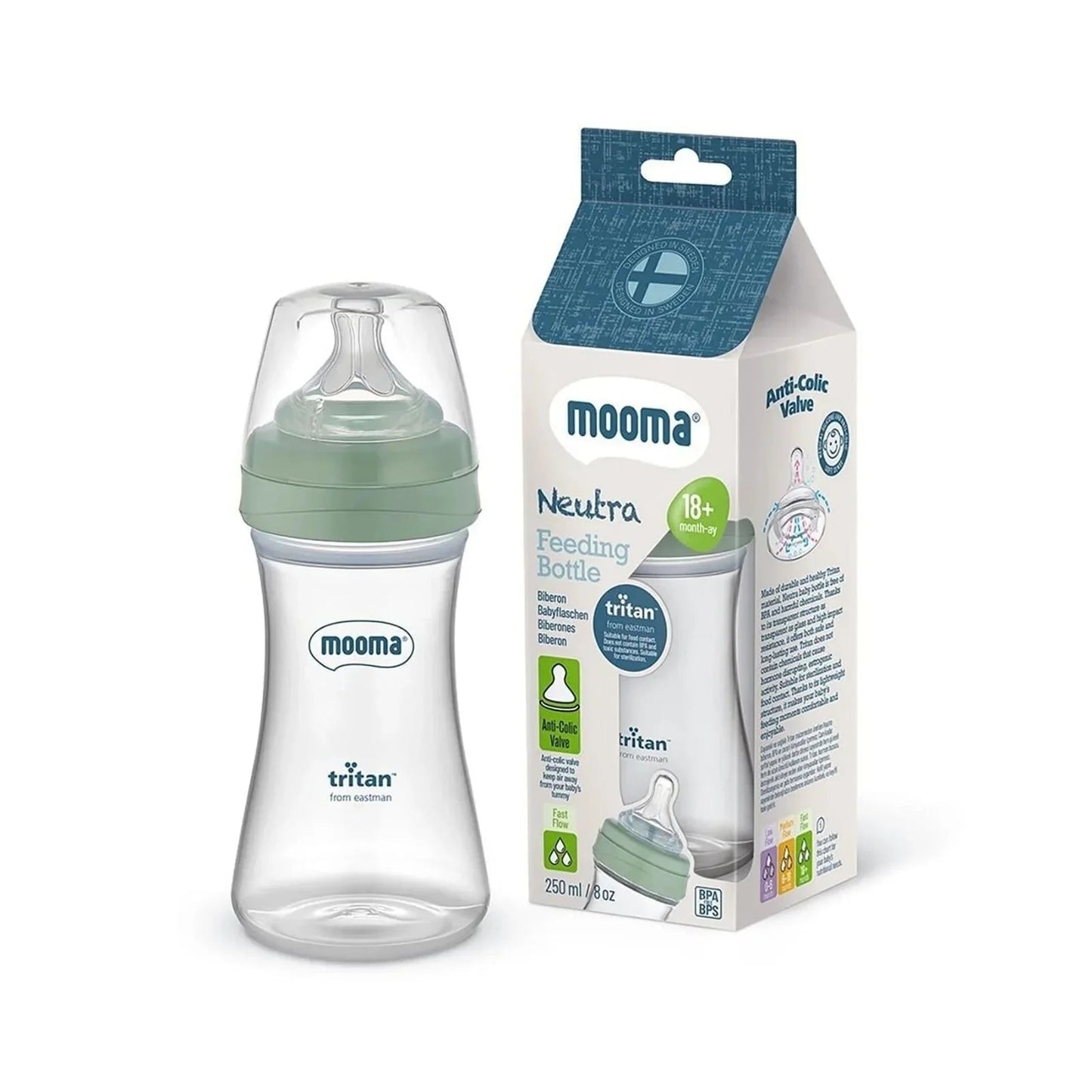Mooma Neutra Tritan Bottle Fast Flow 18+ months 250ml - Sage Green - mezetto ebebek ebebek