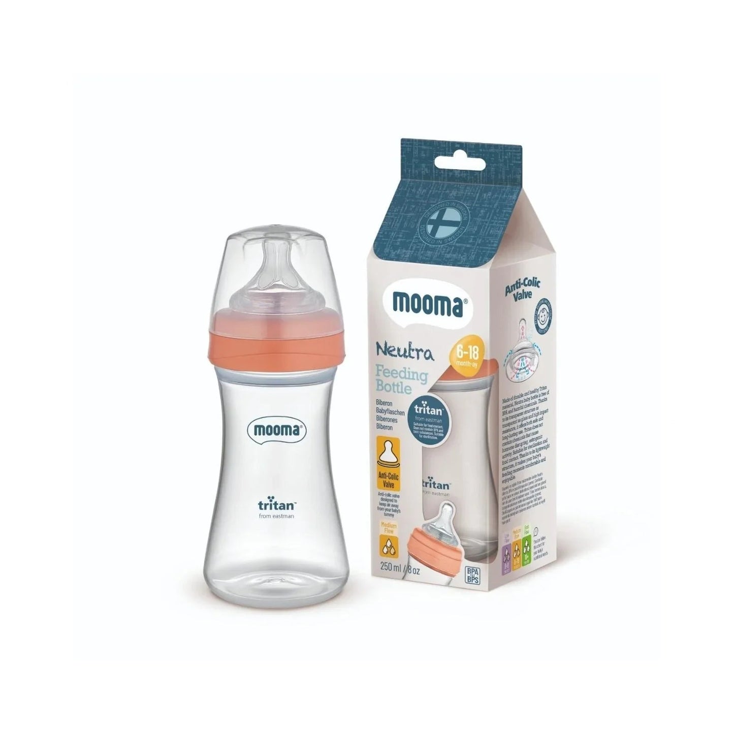 Mooma Neutra Tritan Bottle Medium Flow 6 - 18 months 250ml - Coral Pink - mezetto ebebek ebebek