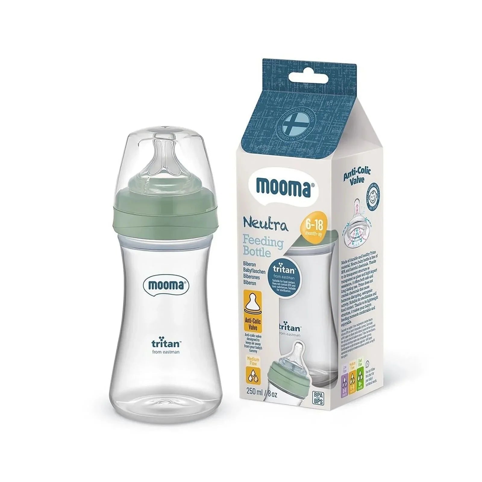 Mooma Neutra Tritan Bottle Medium Flow 6 - 18 months 250ml - Sage Green - mezetto ebebek ebebek