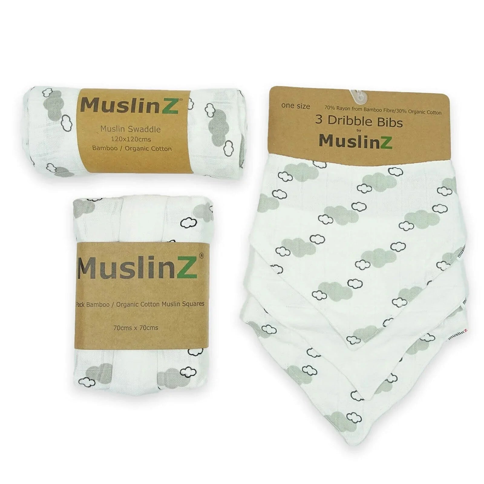 MuslinZ Bamboo/Organic Cotton Muslin Set - Grey Cloud - mezetto ebebek ebebek
