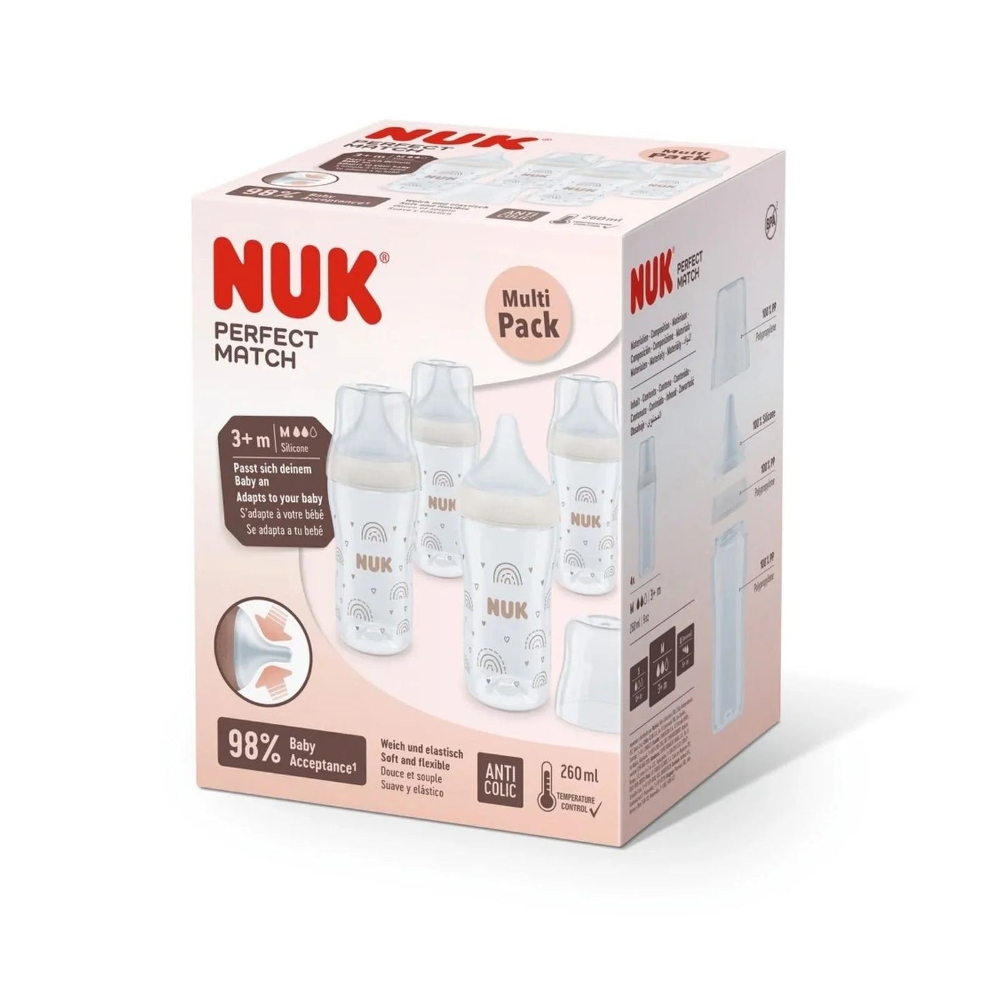 NUK Anti - Colic Perfect Match 260ml Pack of 4 - Rainbow - mezetto ebebek ebebek