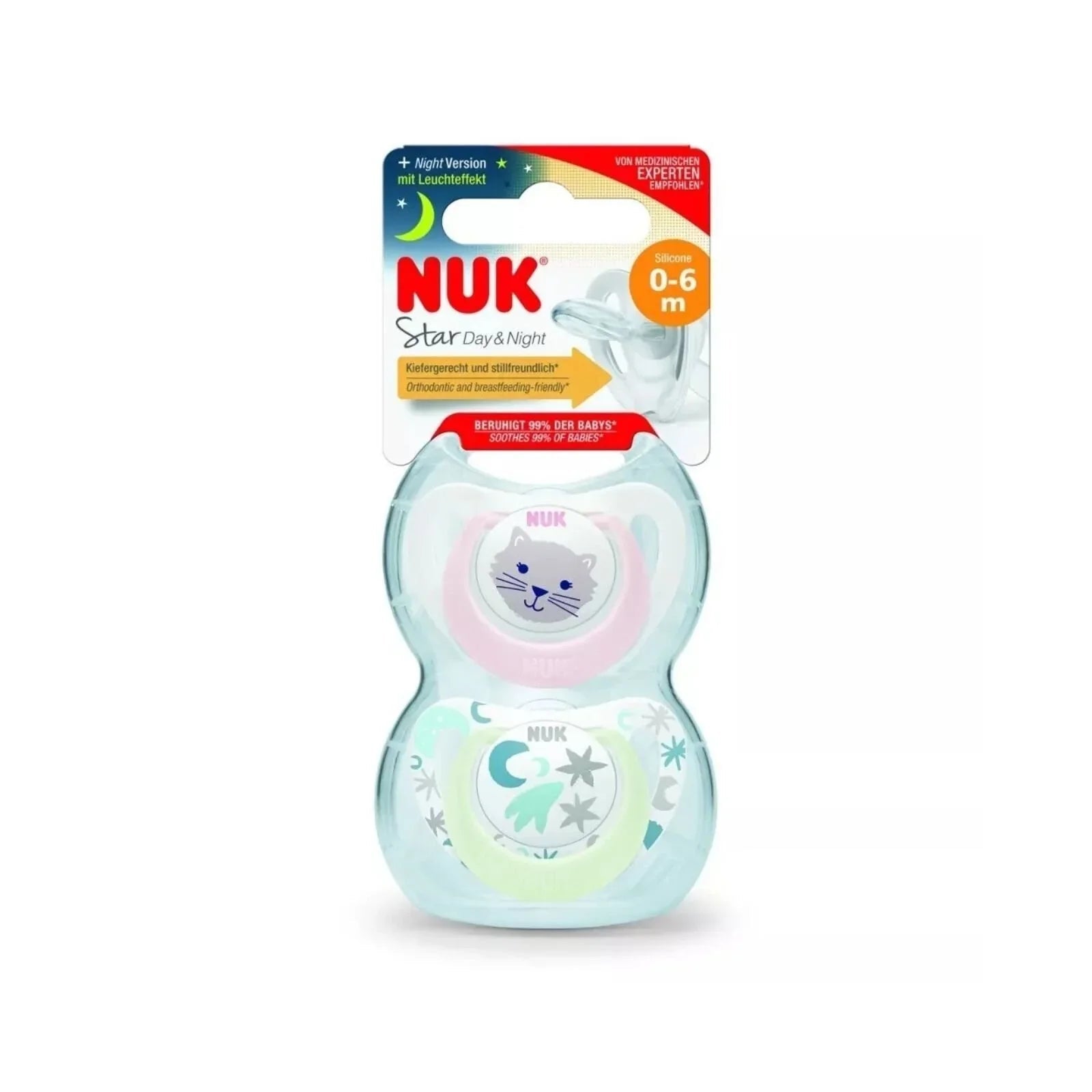 NUK Star Day & Night Soother 0 - 6 months Pack of 2 - Pink - mezetto ebebek ebebek