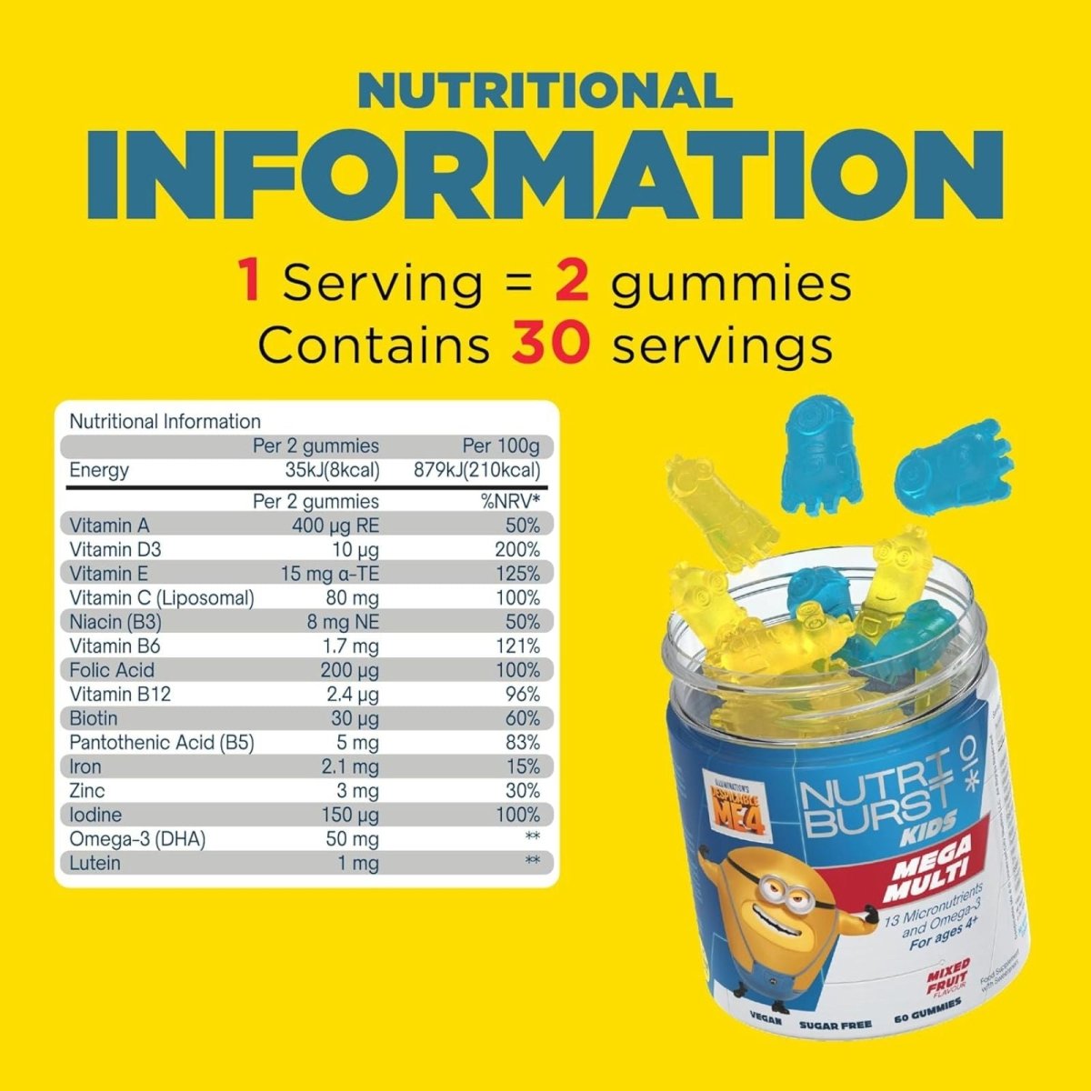 Nutriburst Minions Mega Multi Vitamins 4+ years 60 pcs - mezetto ebebek ebebek