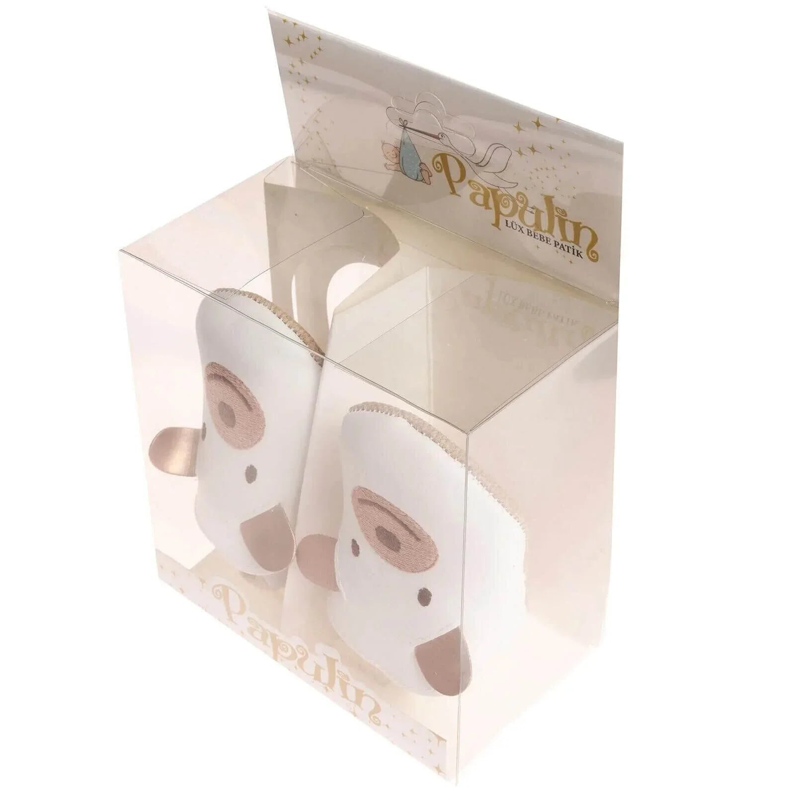 Papulin Unisex Bear Patterned Booties - White - mezetto ebebek ebebek