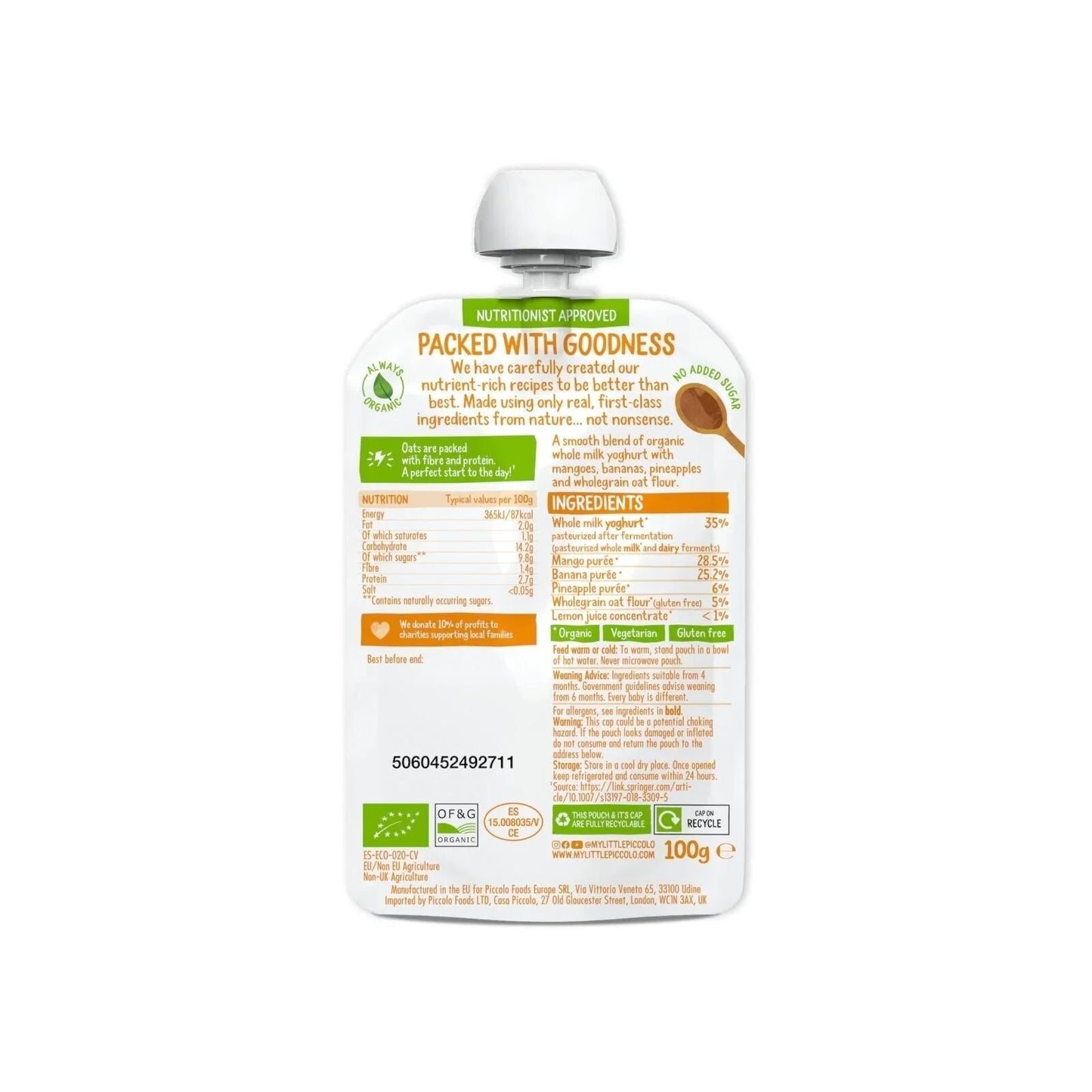 Piccolo Organic Brekkie Mango & Pineapple 6+ months 100g - mezetto ebebek ebebek