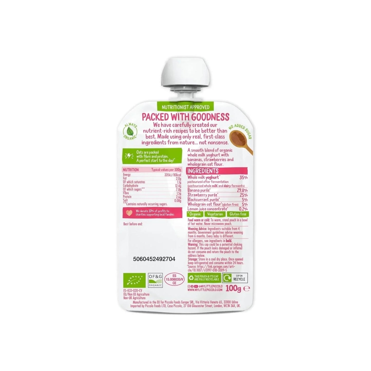 Piccolo Organic Brekkie Strawberry & Banana 6+ months 100g - mezetto ebebek ebebek