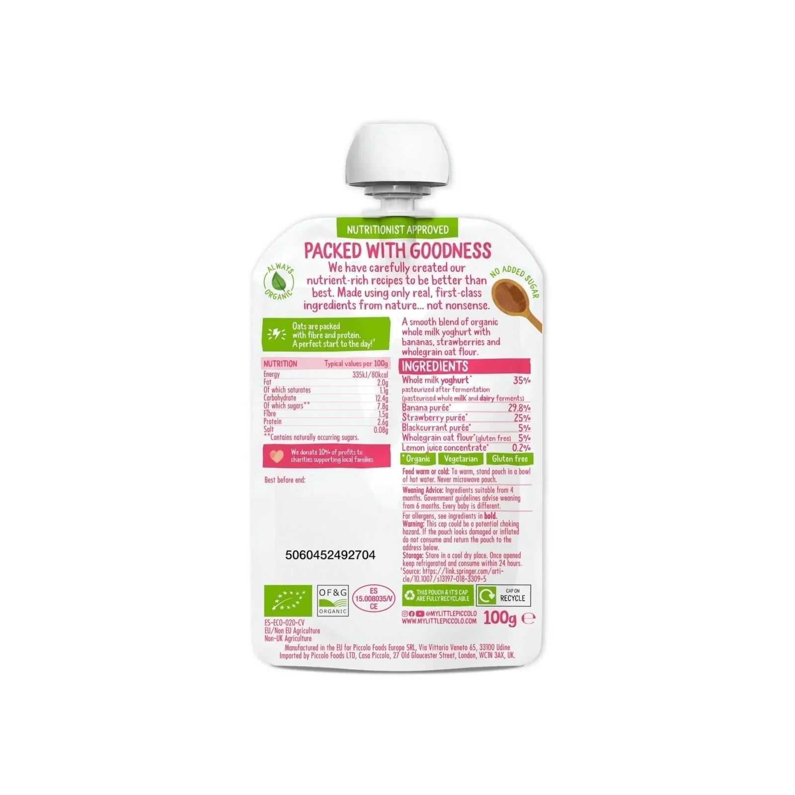 Piccolo Organic Brekkie Strawberry & Banana 6+ months 100g - mezetto ebebek ebebek