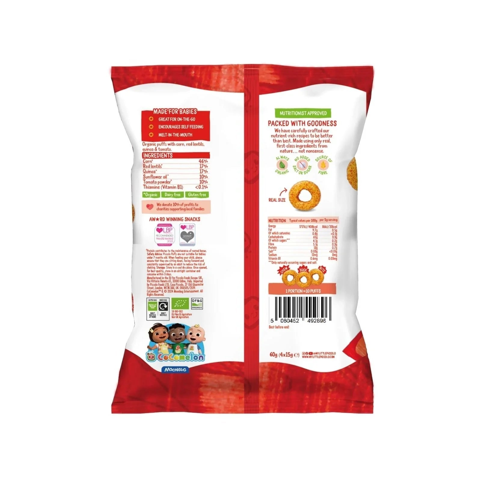 Piccolo Organic Multigrain Puffs Tomato Rings 7+ months 60g (4x15g) - mezetto ebebek ebebek