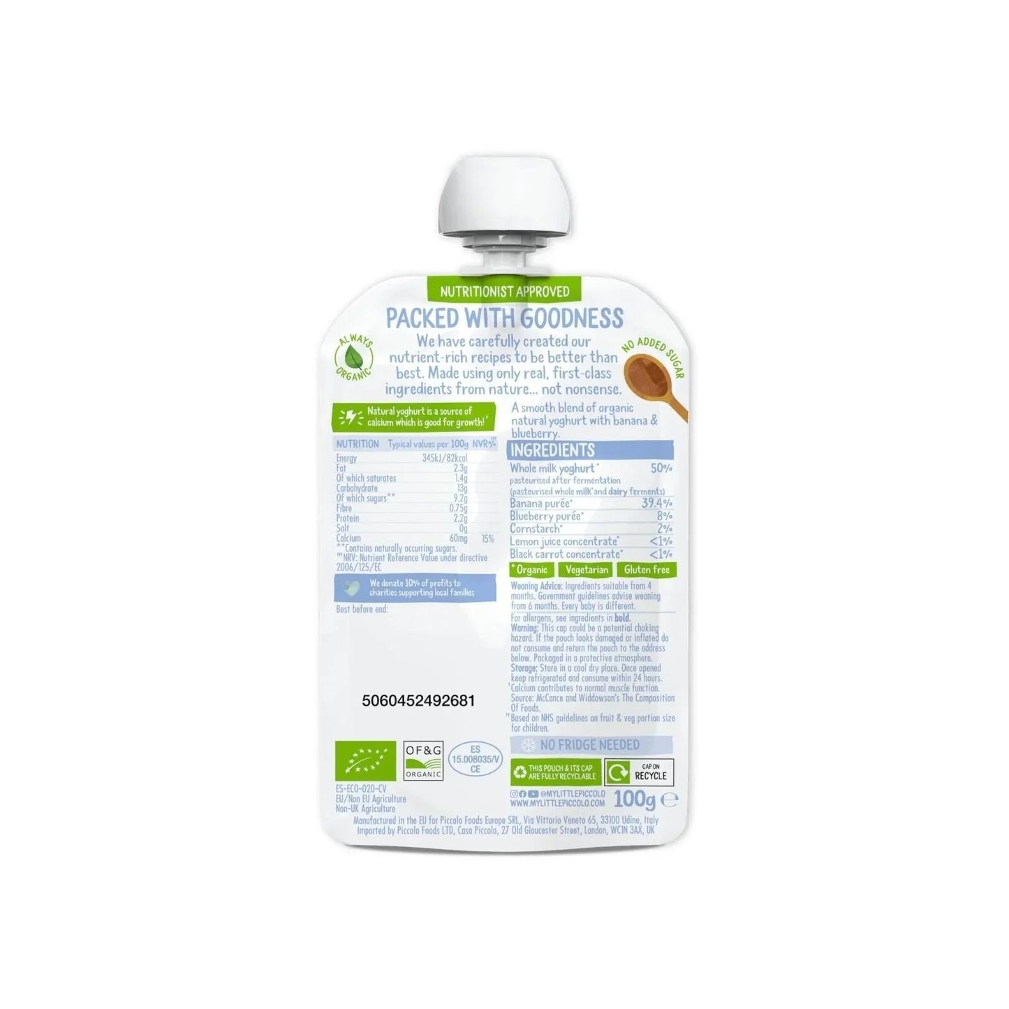 Piccolo Organic Natural Yoghurt Blueberry & Banana 6+ months 100g - mezetto ebebek ebebek