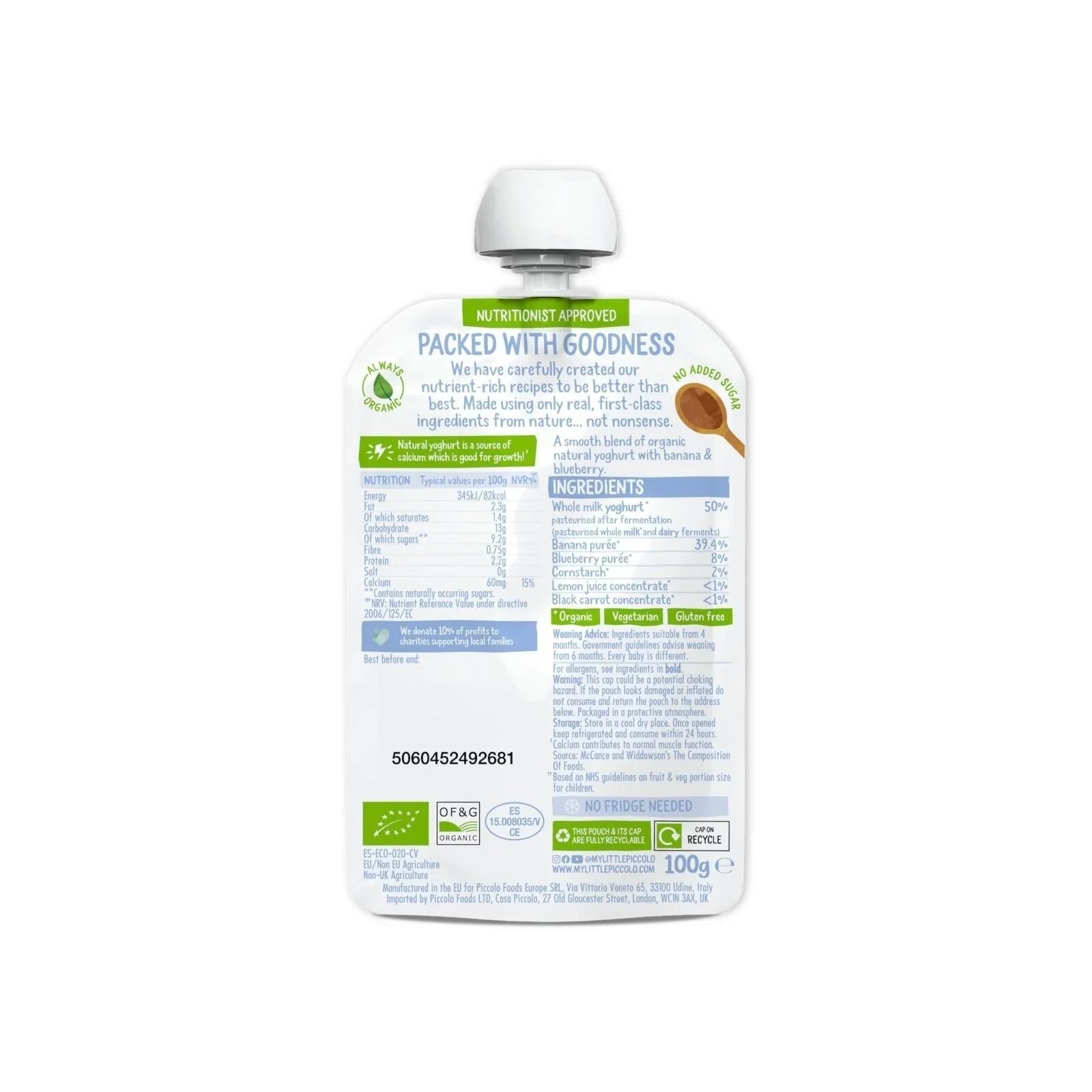 Piccolo Organic Natural Yoghurt Blueberry & Banana 6+ months 100g - mezetto ebebek ebebek