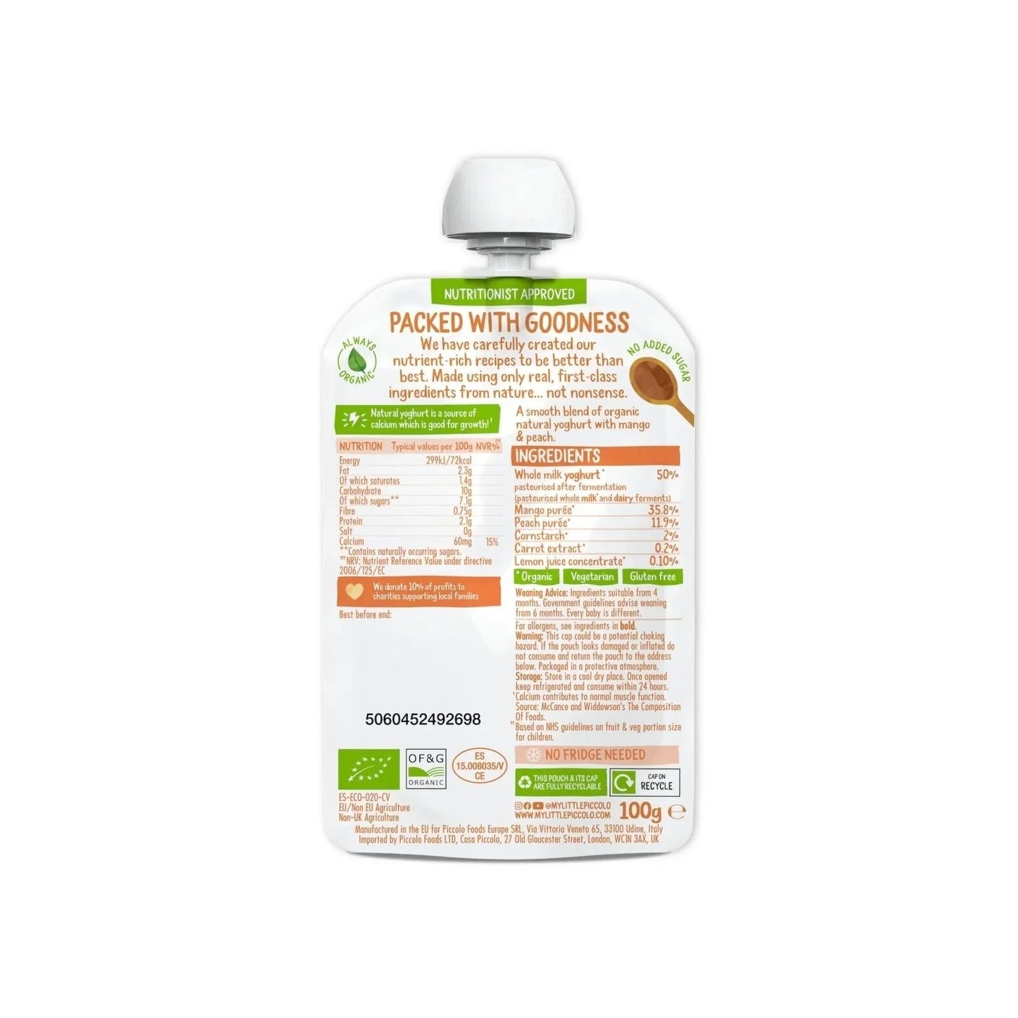 Piccolo Organic Natural Yoghurt Mango & Peach 6+ months 100g - mezetto ebebek ebebek