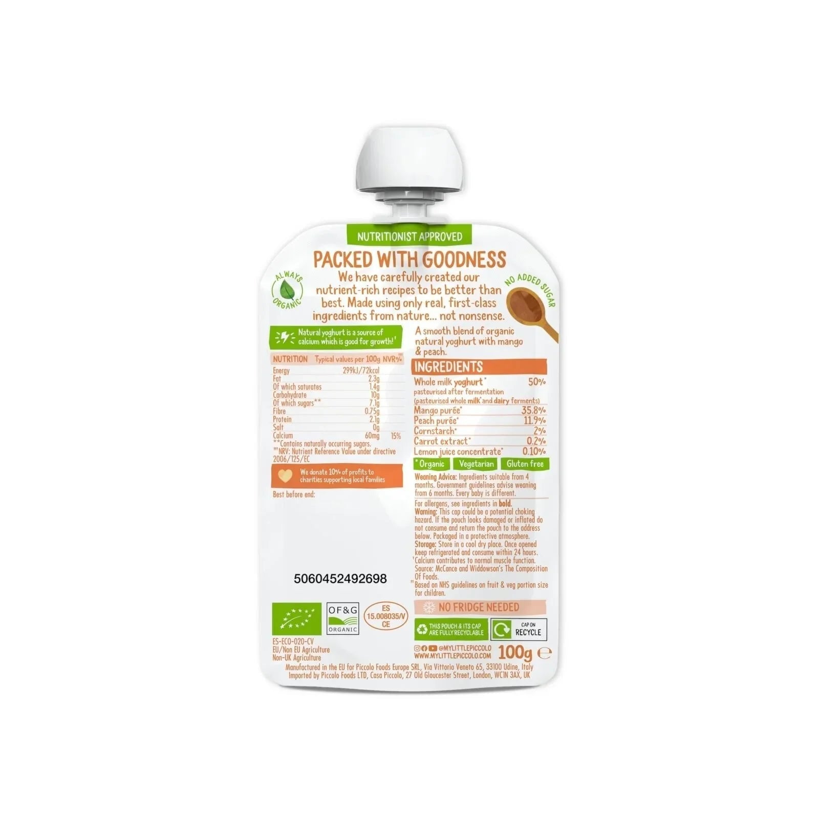 Piccolo Organic Natural Yoghurt Mango & Peach 6+ months 100g - mezetto ebebek ebebek
