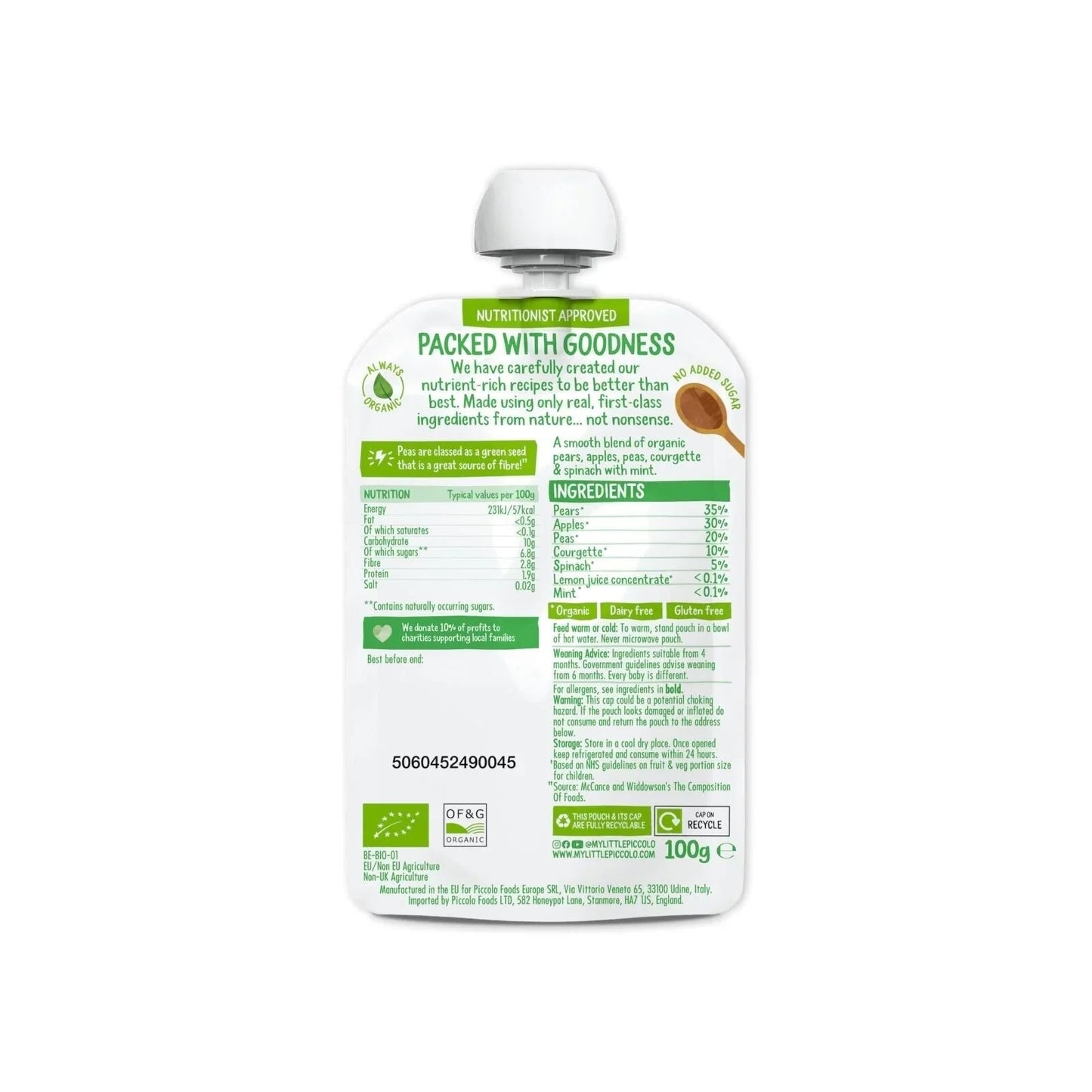 Piccolo Organic Pear Apple & Spring Greens 4+ months 100g - mezetto ebebek ebebek