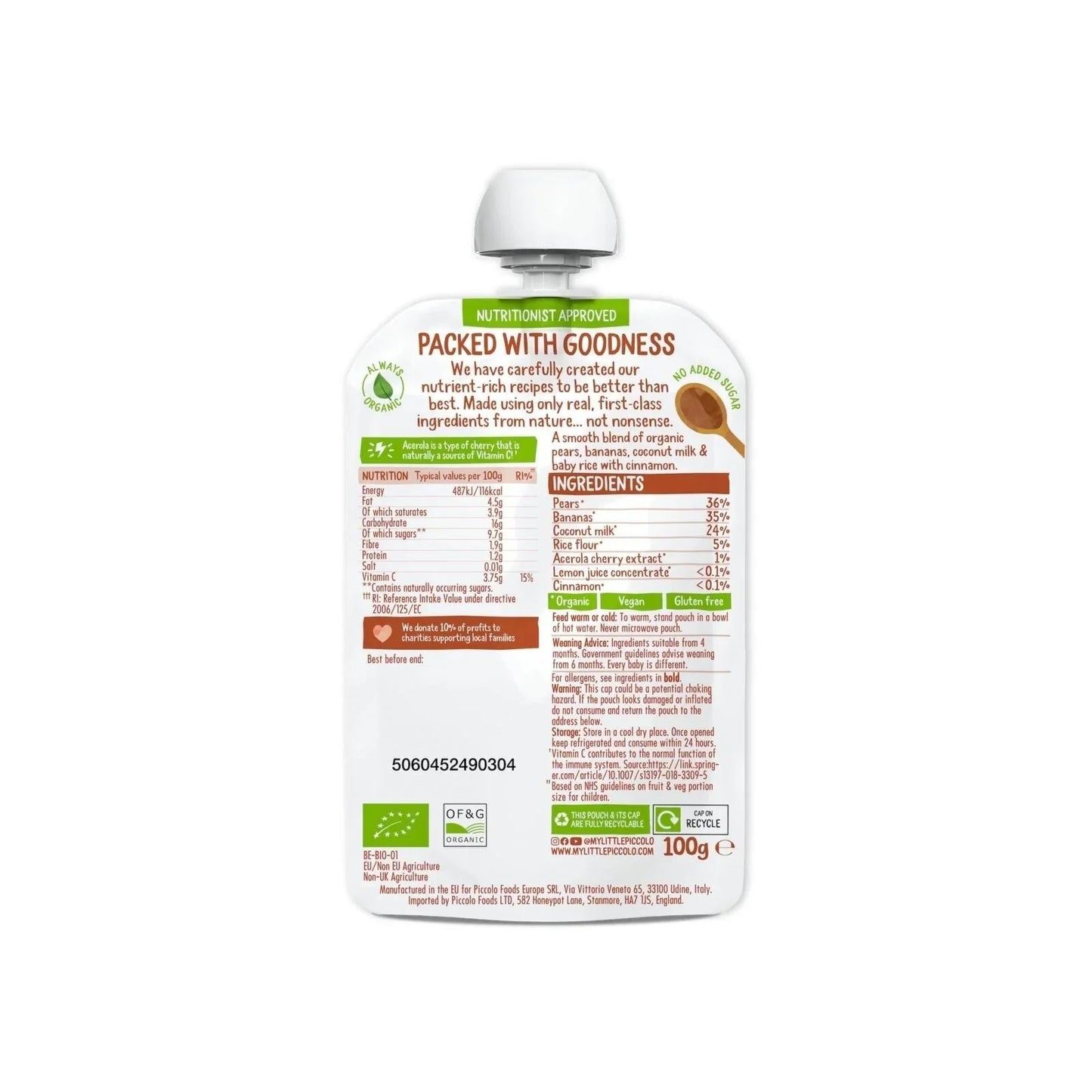 Piccolo Organic Pear Banana Coconut Milk & Baby Rice 4+ months 100g - mezetto ebebek ebebek