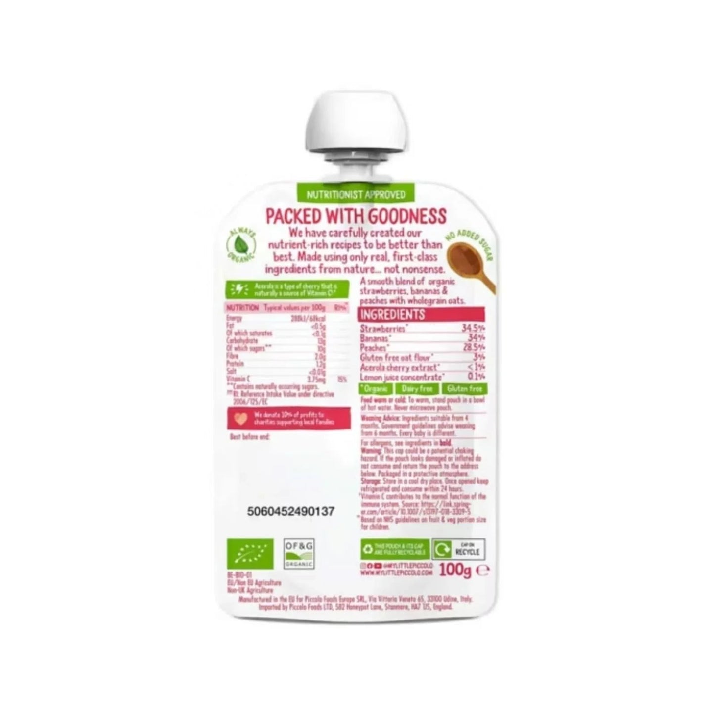 Piccolo Organic Strawberry Banana & Peach 4+ months 100g - mezetto ebebek ebebek