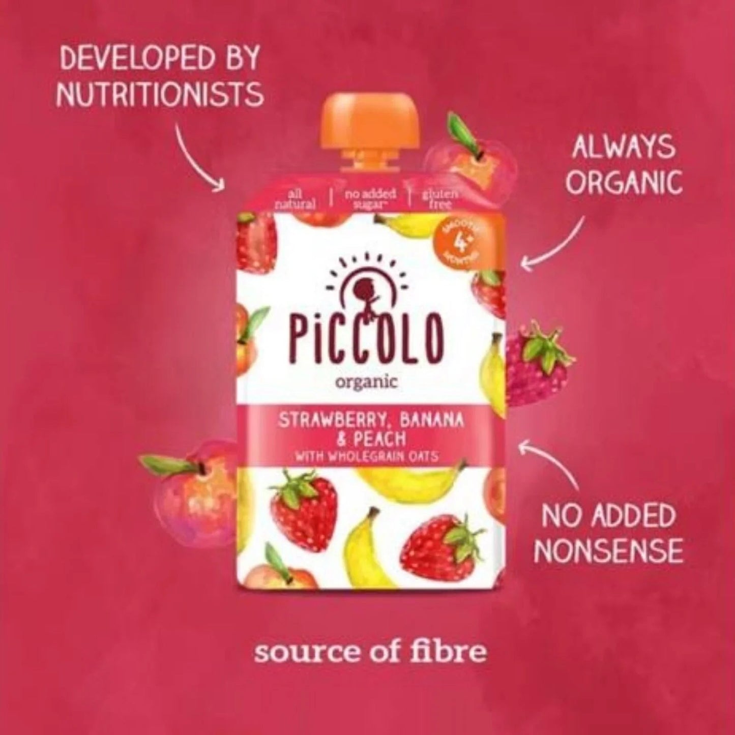 Piccolo Organic Strawberry Banana & Peach 4+ months 100g - mezetto ebebek ebebek